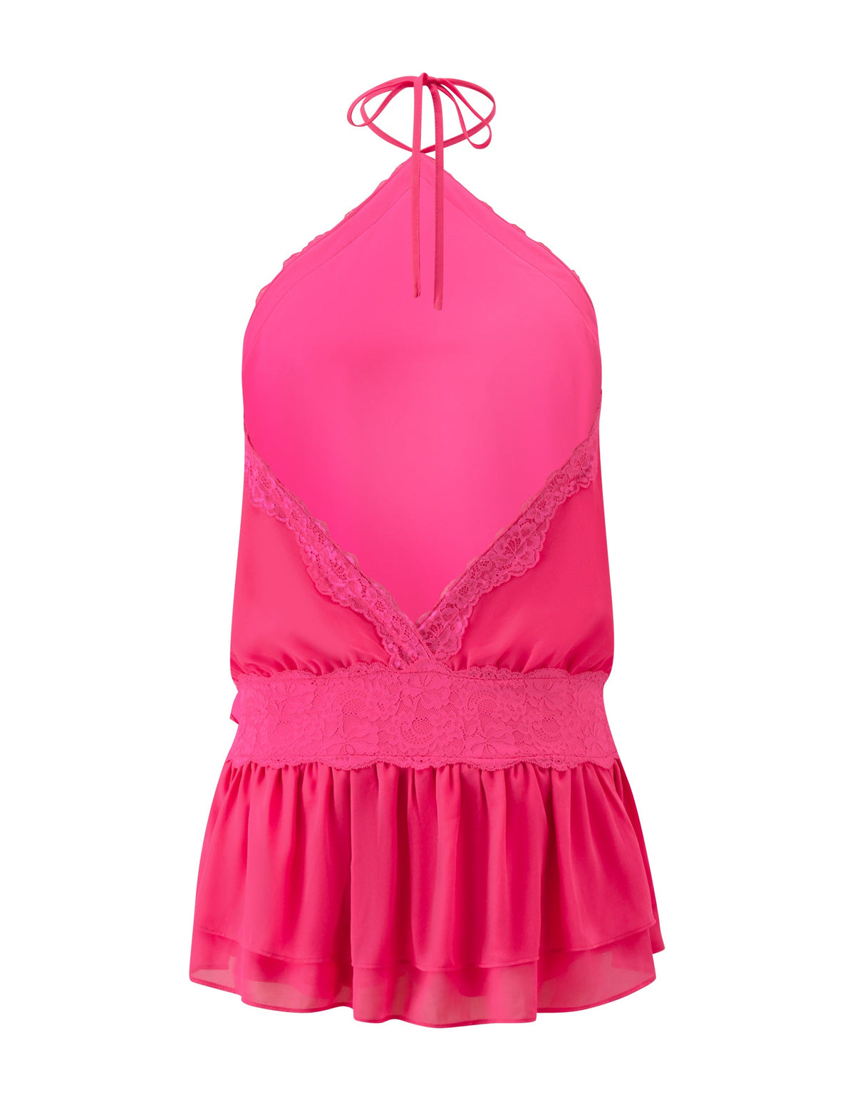 Hot pink TIGERMIST TESSIE MINI DRESS - HOT PINK featuring a halter-neck design with delicate lace trim at the bodice and waist, perfect for resort styling.