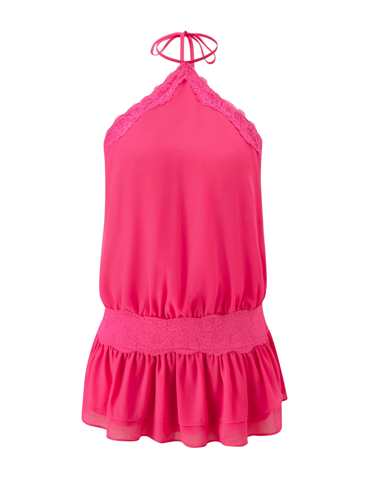 TIGERMIST TESSIE MINI DRESS - HOT PINK in a hot pink halter neck style with lace trim at the neckline and waist, featuring a ruffled mini hem.