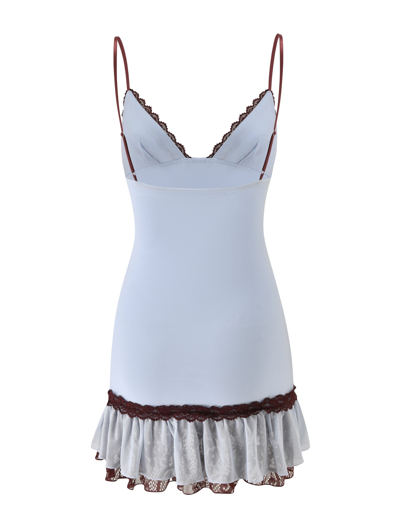 The ARIES MINI DRESS - BLUE AND BROWN by TIGERMIST is a white sleeveless slip dress featuring adjustable brown shoulder straps, a fitted silhouette, and delicate brown lace trim along the neckline and hem. The ruffled bottom is accented with lace detailing for a feminine, elegant style.