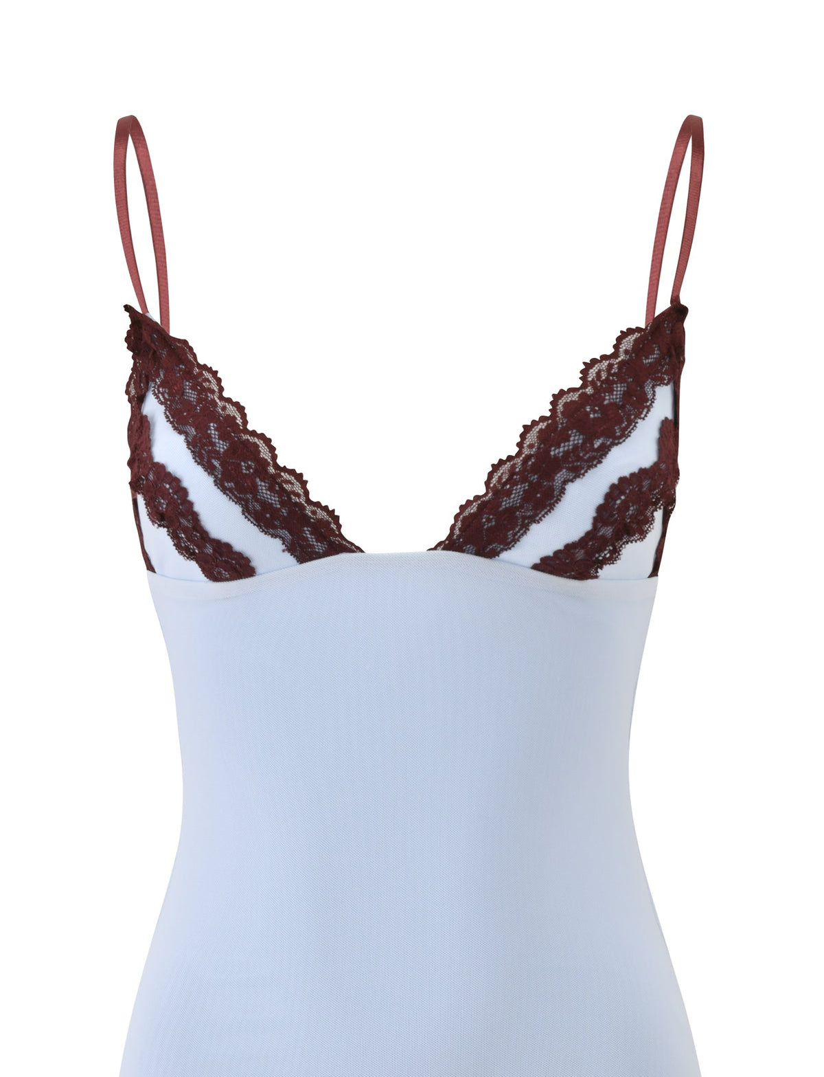 ARIES MINI DRESS - BLUE AND BROWN by TIGERMIST, featuring thin adjustable shoulder straps and contrasting trim along the neckline, displayed on a plain white background.