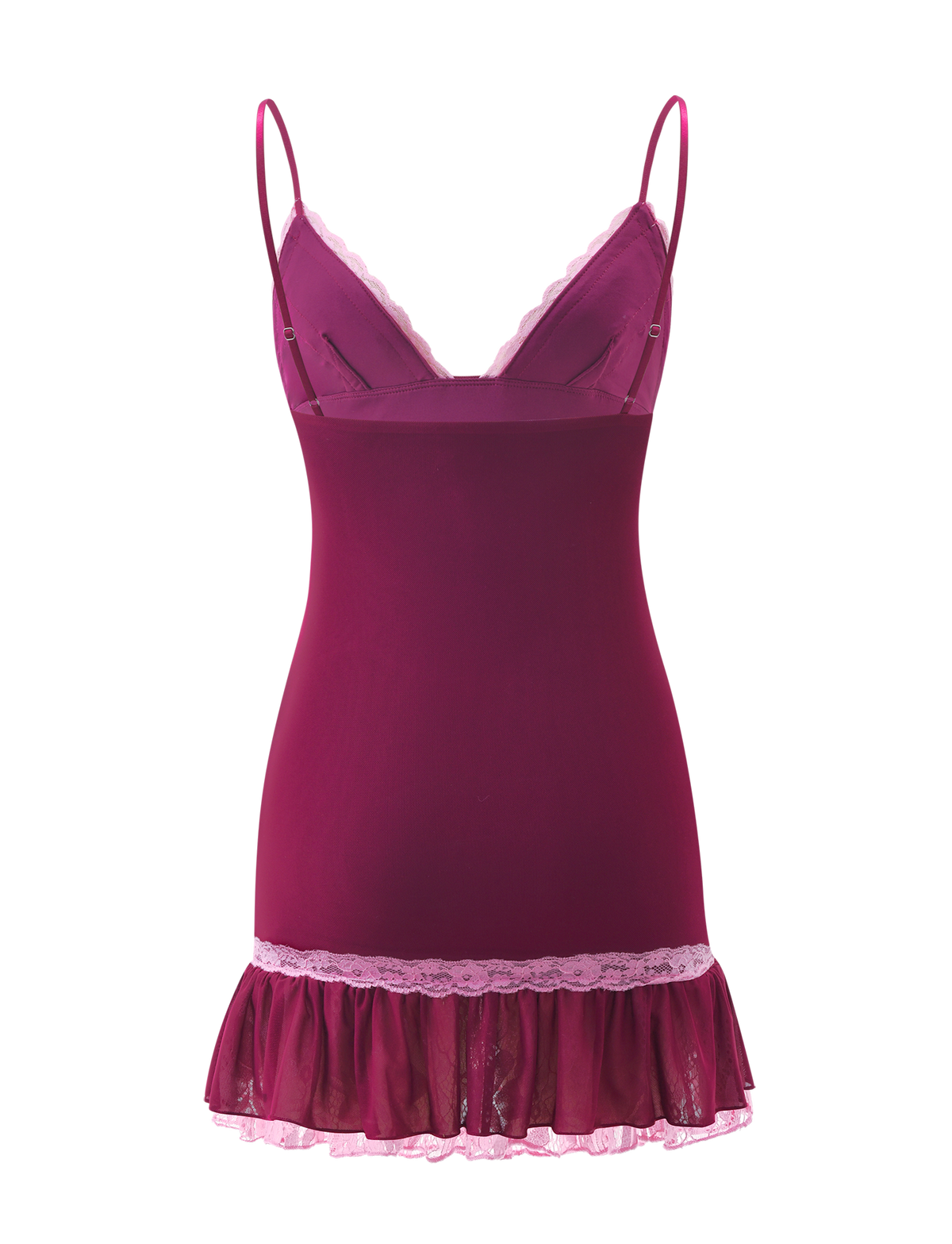 ARIES MINI DRESS - PLUM JAM: a plum-colored mini dress with spaghetti straps, lace trim on the V-neckline, and a ruffled hem with matching lace detail.