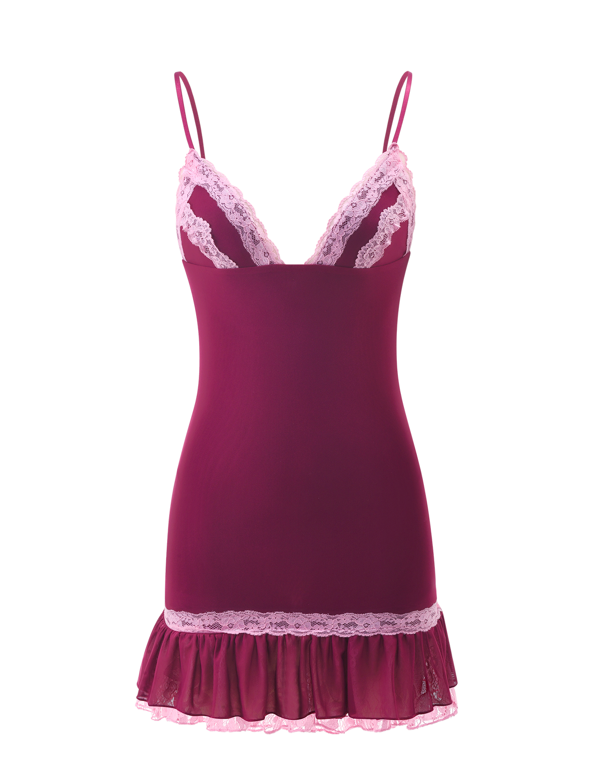 ARIES MINI DRESS - PLUM JAM deep plum mini dress featuring a V-neckline with light pink lace trim and a ruffled hem.