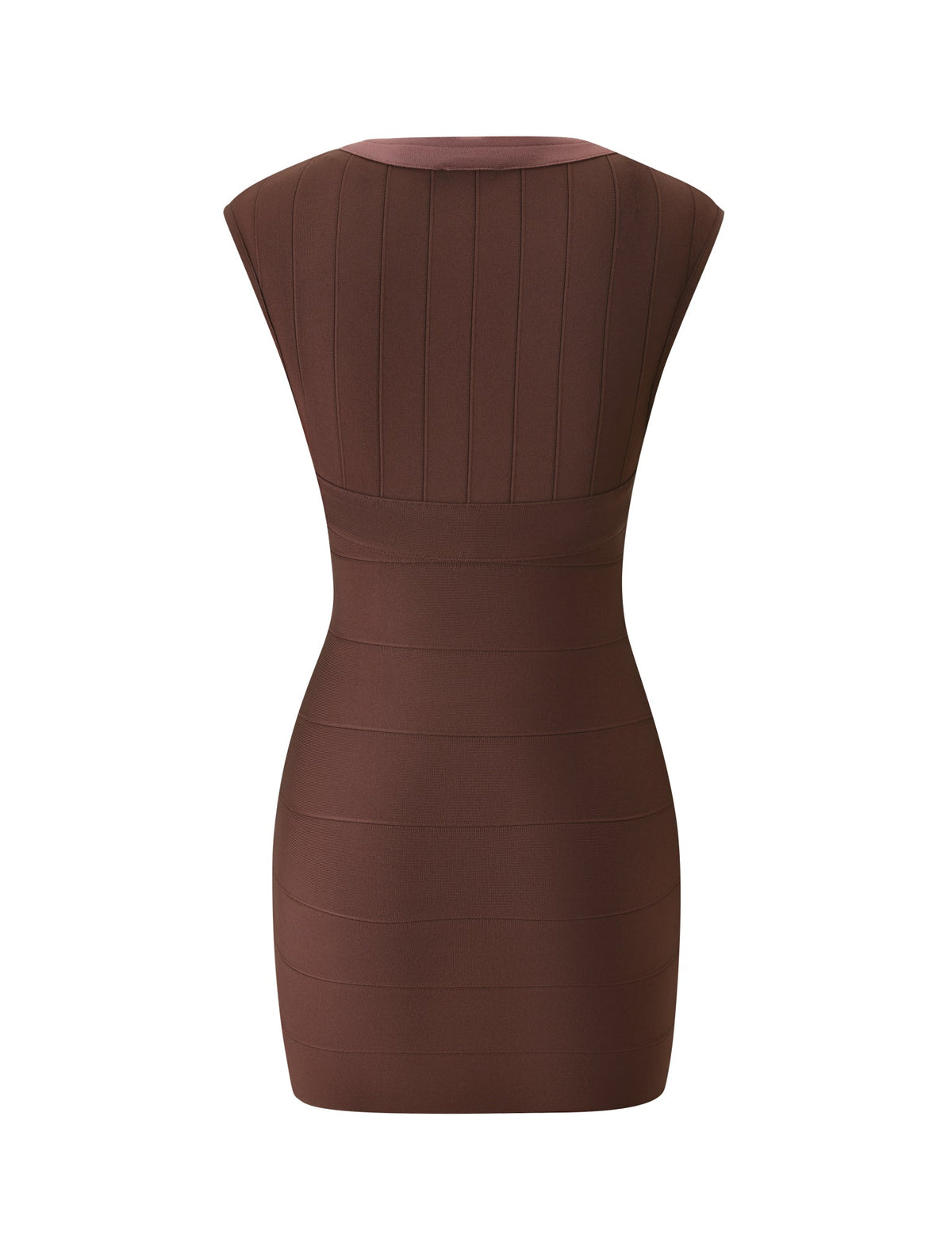 Back view of the chocolate EMBER BANDAGE MINI DRESS featuring a ribbed bodice and horizontal banded skirt.