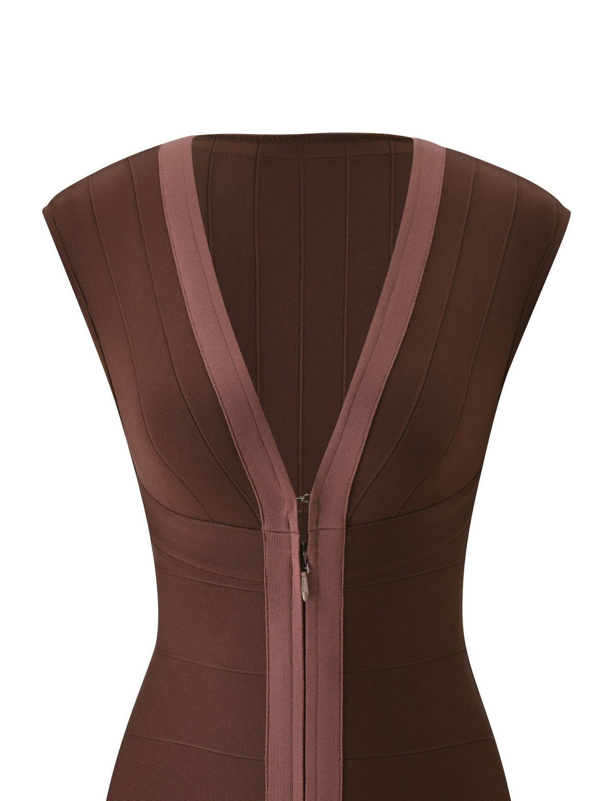 EMBER BANDAGE MINI DRESS - CHOCOLATE dark brown sleeveless mini bandage dress with a V-neck, contrasting lighter brown trim, and a full-length front zipper.