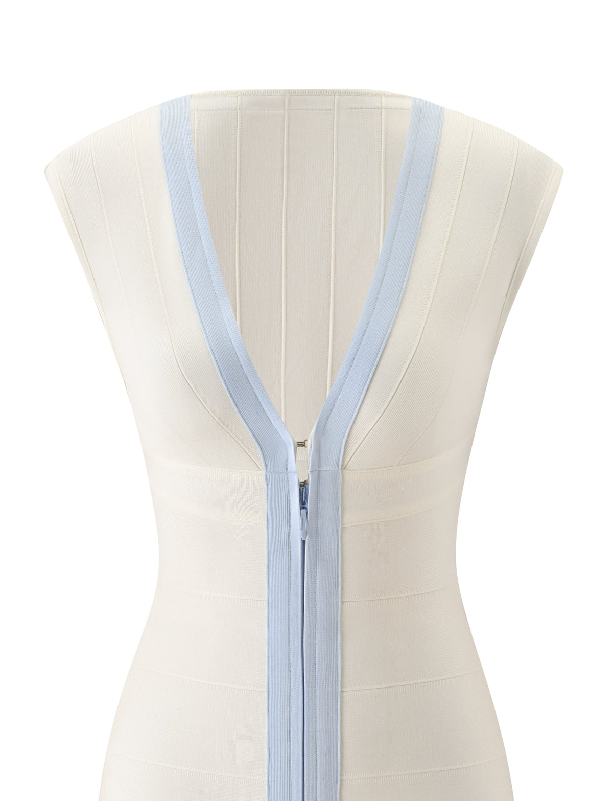 EMBER BANDAGE MINI DRESS - CREAM AND BLUE featuring a deep V-neckline framed by light blue trim and a central front zipper.
