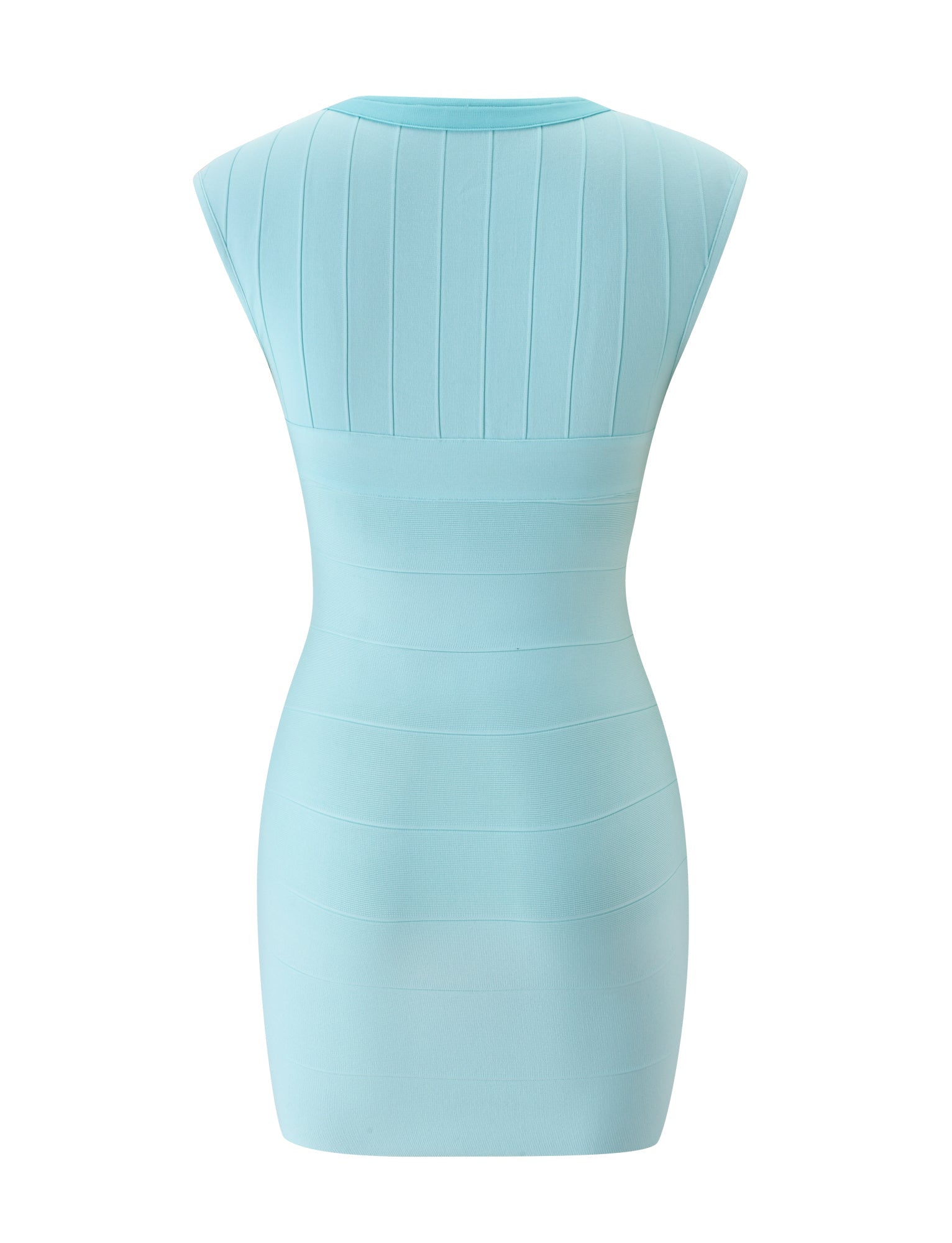 The EMBER BANDAGE MINI DRESS in Minty Blue by TIGERMIST is a light blue, sleeveless mini dress showcased from the back. Featuring a flattering bodycon fit with ribbed vertical and horizontal lines and a round neckline, this dress is crafted from smooth, stretchy fabric, making it an ideal choice for summer.