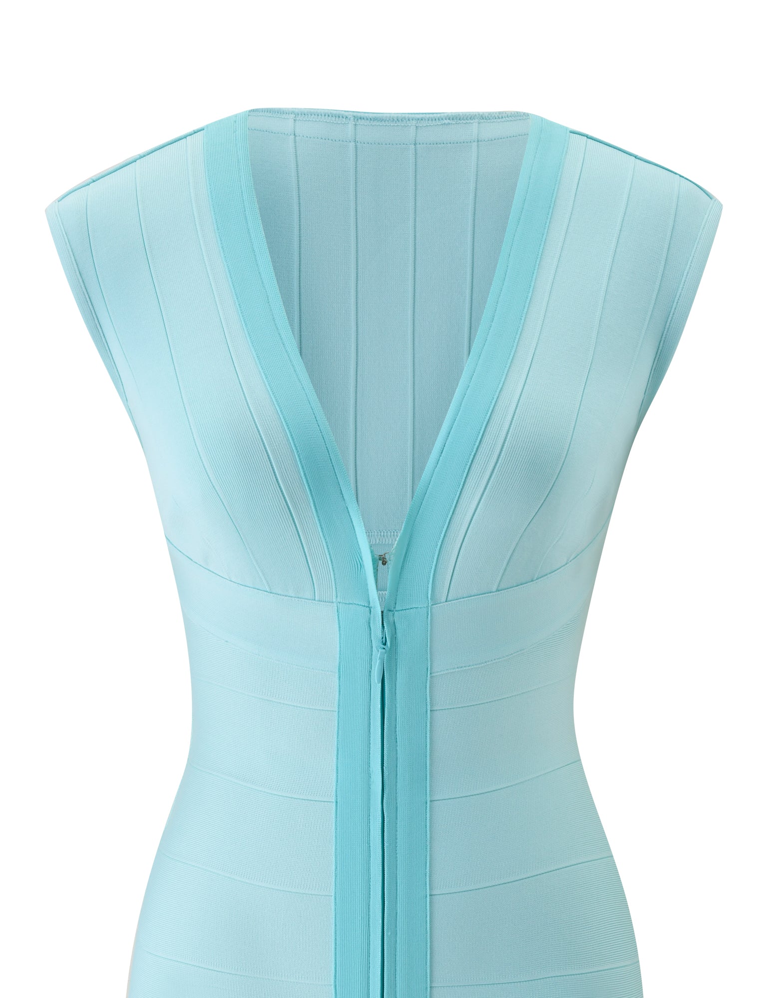 TIGERMIST’s EMBER BANDAGE MINI DRESS in Minty Blue features a sleeveless design with a deep V-neckline and vertical seam detailing. Crafted from stretchy bandage fabric, it offers a bodycon fit that accentuates and flatters your silhouette.