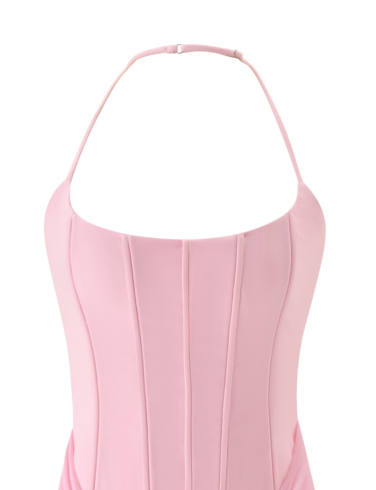 The LYZA MINI DRESS in baby pink by TIGERMIST features a corset-inspired silhouette with vertical seams, a halter neck strap, and an elegant lace-up back, showcased against a white background.