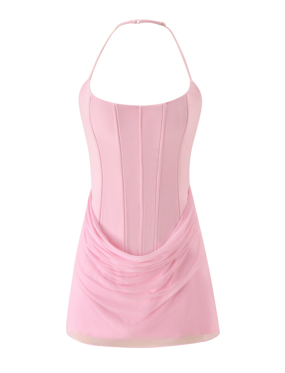 The LYZA MINI DRESS in baby pink by TIGERMIST is a light pink halter mini dress with a fitted, corset-style bodice, delicate lace-up back, and draped skirt detail.