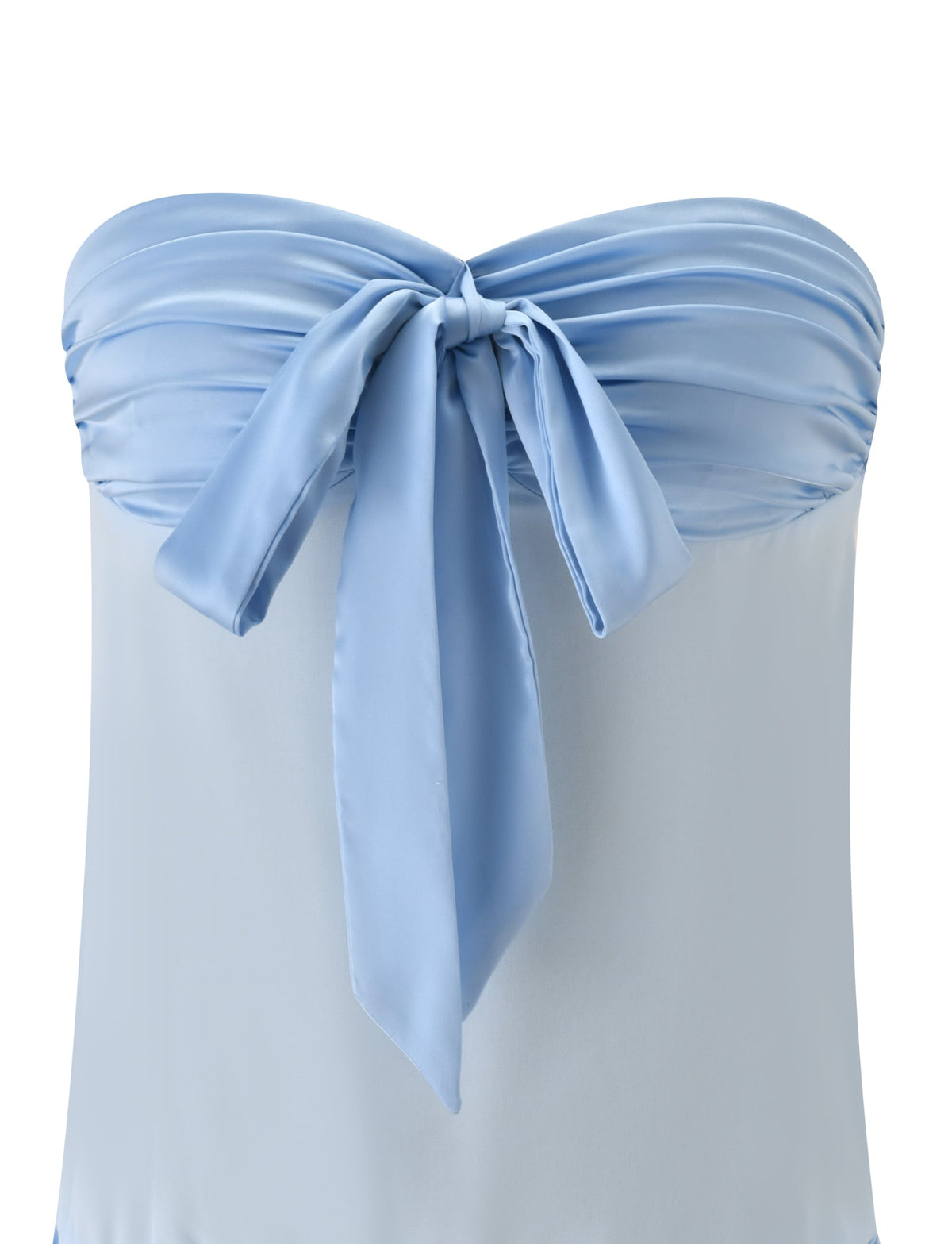 The TIGERMIST LUX MINI DRESS in baby blue is a strapless satin mini dress featuring a ruched bodice and front knot tie—your perfect go-to summer look.