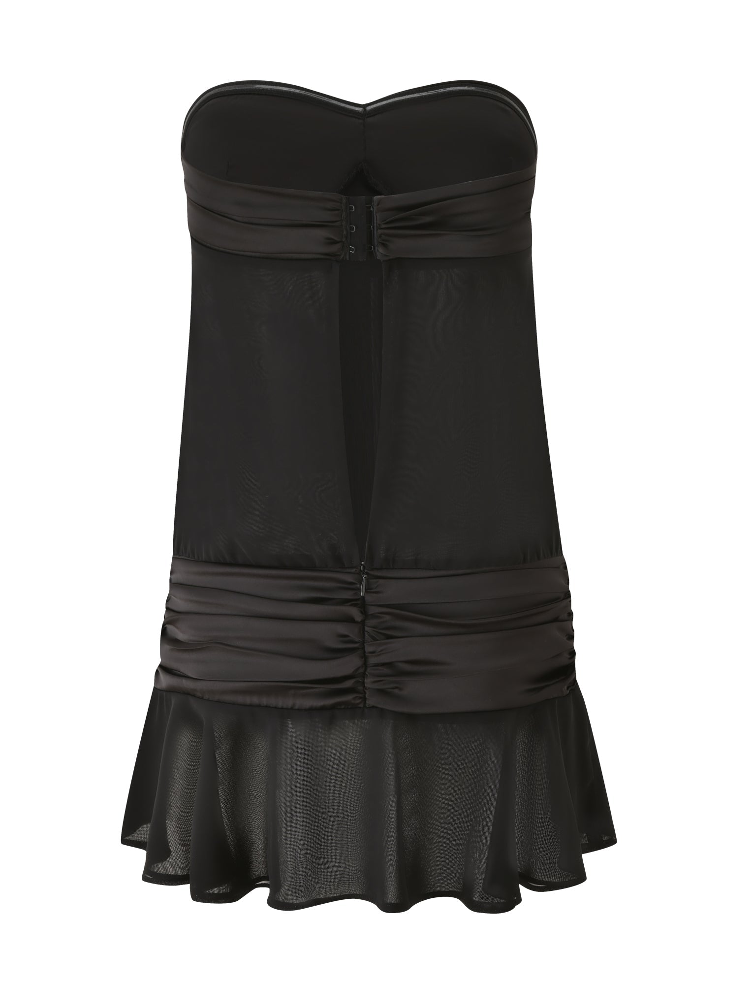 Introducing the LUX MINI DRESS - BLACK by TIGERMIST: This strapless mini dress showcases a sleek satin neckline with elegant bands accentuating the bust and waist. A sheer midsection, delicate ruching details, and a subtly flared hem elevate this modern little black dress. The look is finished with hook-and-eye closures at the top and middle back for a flawless fit.