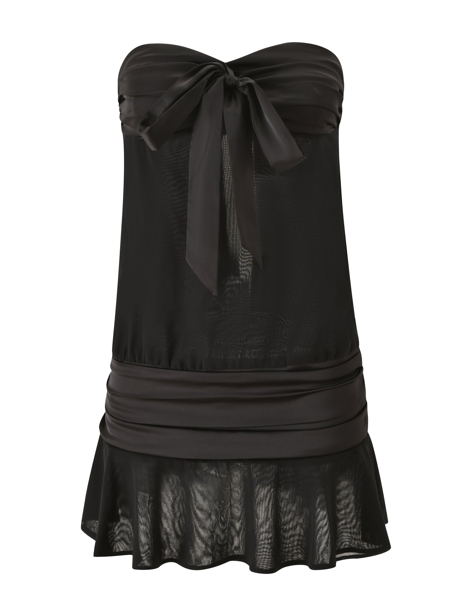 The LUX MINI DRESS by TIGERMIST is a strapless black mini dress featuring a chic bow at the bust, sheer fabric, ruched waist detailing, and a ruffled hem—perfect for styling as your go-to little black dress.