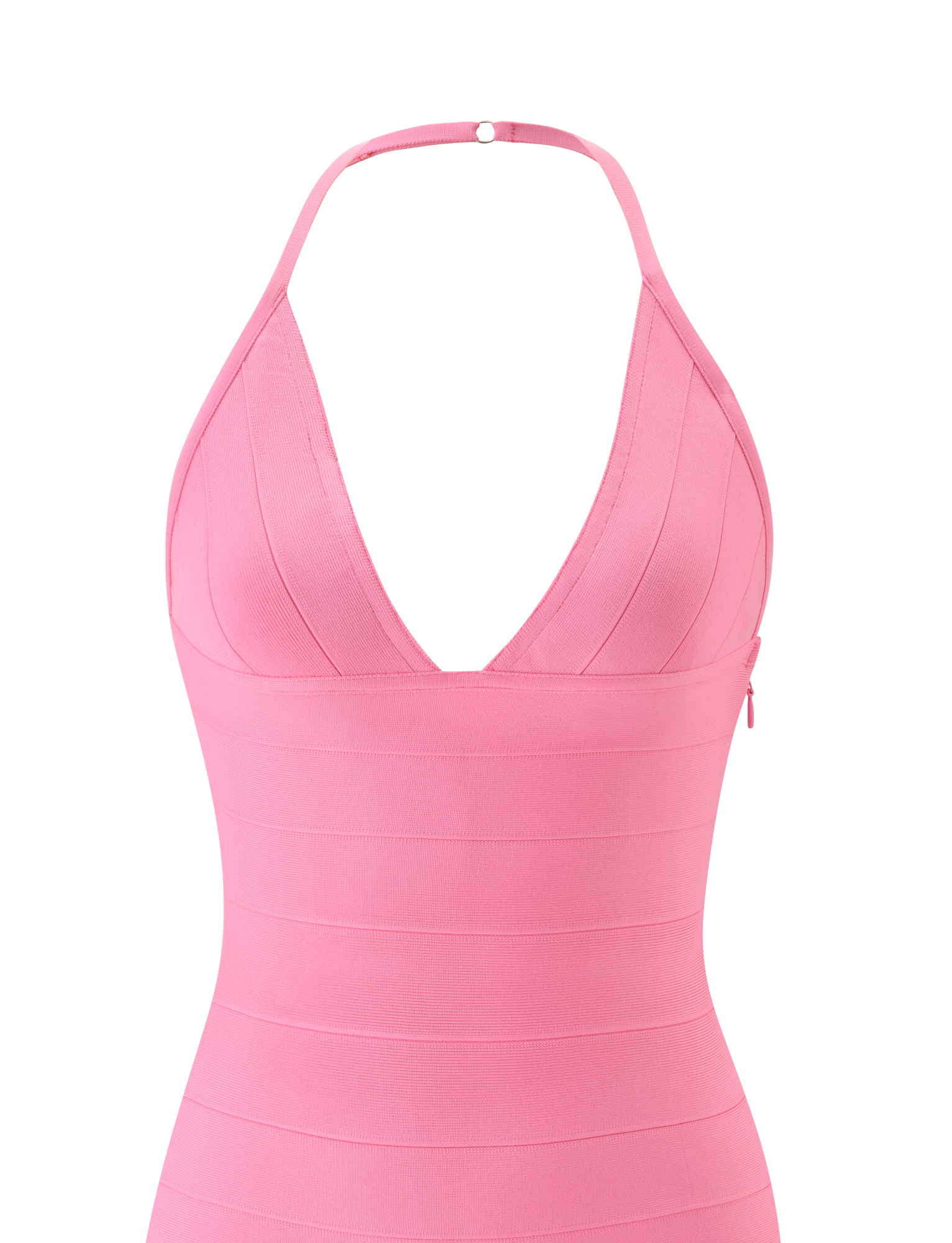 The NYX MINI BANDAGE DRESS 2.0 by TIGERMIST is a candy pink mini dress featuring a halter neck, deep V neckline, fitted bodice, and horizontal bandage-style panels, showcased against a plain white background.