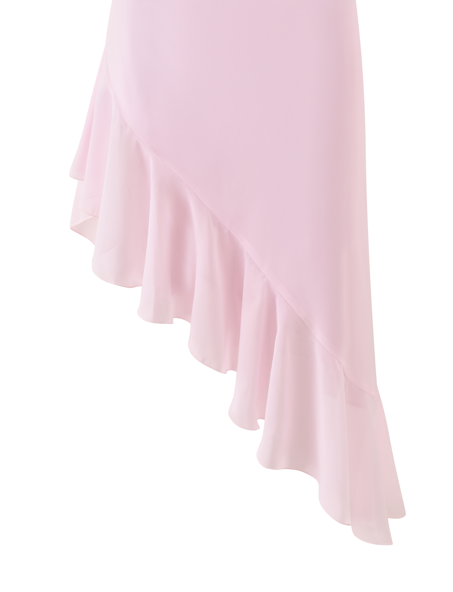A close-up of the ELARINA MIDI DRESS by TIGERMIST, featuring a light pink hue, asymmetrical hemline, ruffled edge, and crafted from lightweight, semi-sheer fabric.