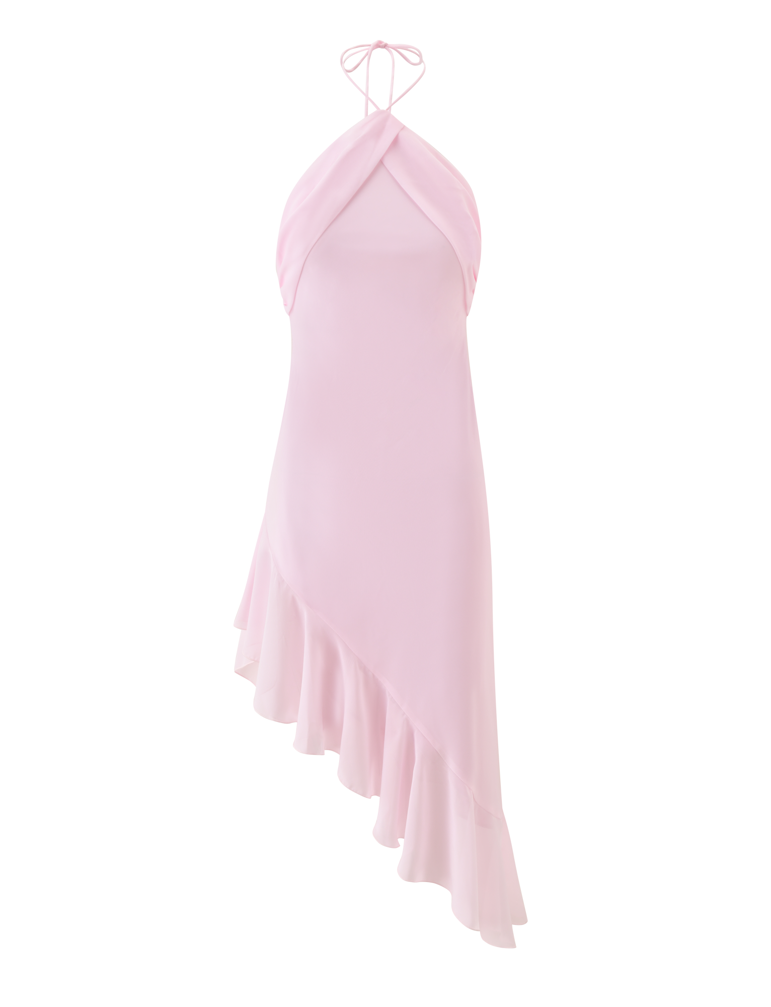 The TIGERMIST ELARINA MIDI DRESS in pink features a sleeveless halter-neck with a cross-front neckline, ruffled asymmetrical hem, and tie at the neck, shown against a plain white background.
