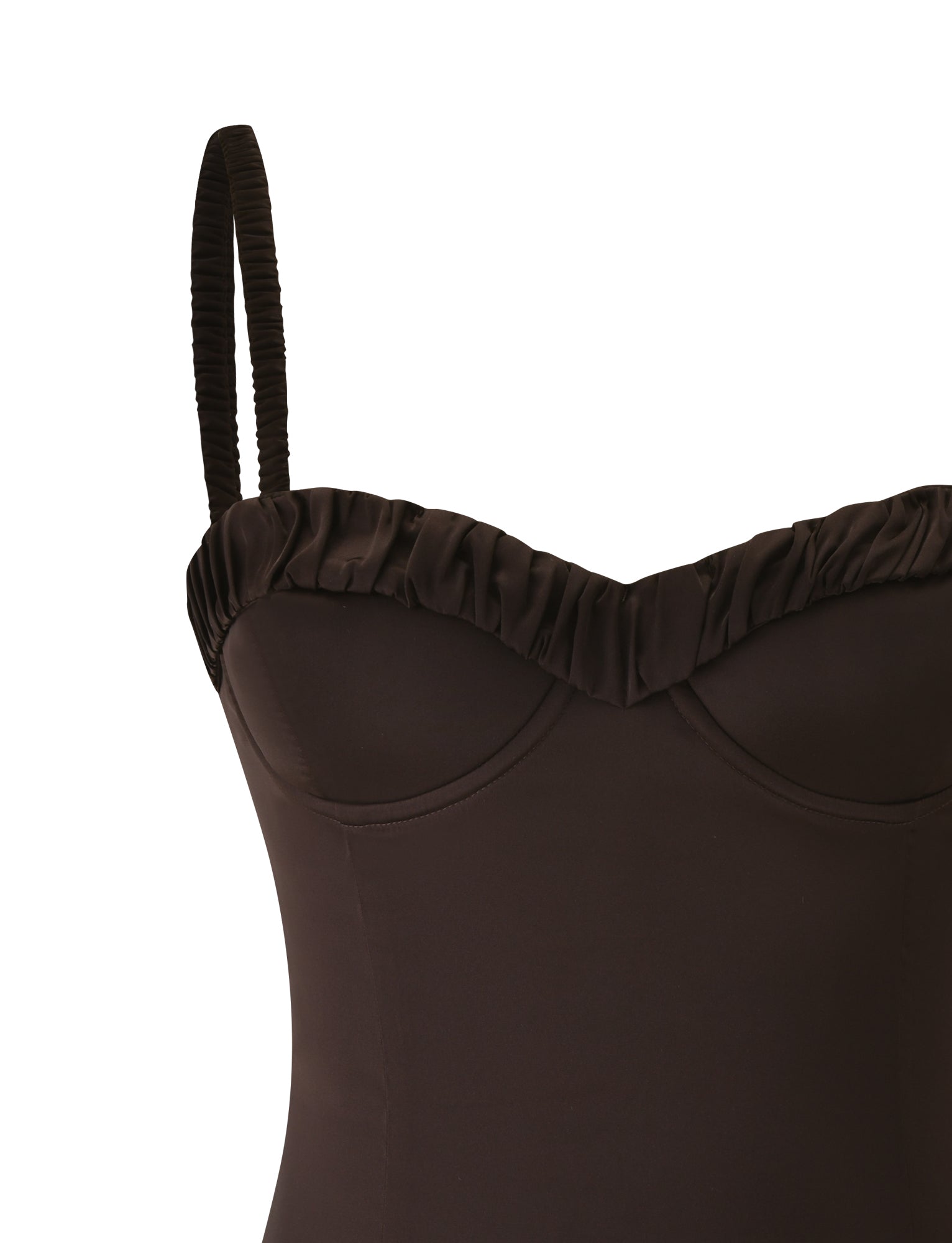 A close-up of the TIGERMIST GEORGINA MINI DRESS in brown, featuring thin straps and a ruched neckline, displayed on a plain background.