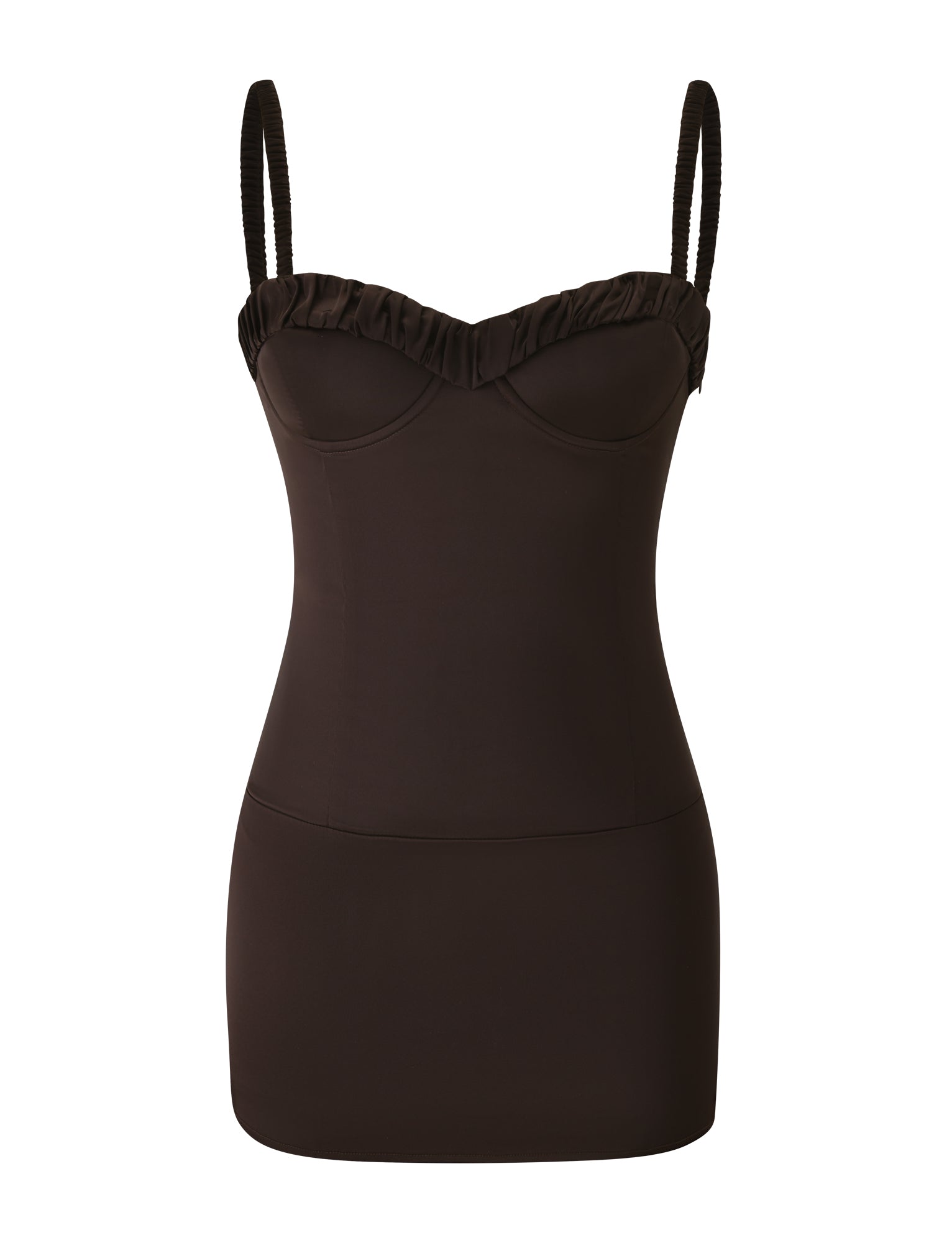 A fitted, sleeveless brown GEORGINA MINI DRESS by TIGERMIST, featuring thin straps, a sweetheart neckline, and subtle ruffle detailing along the top edge.