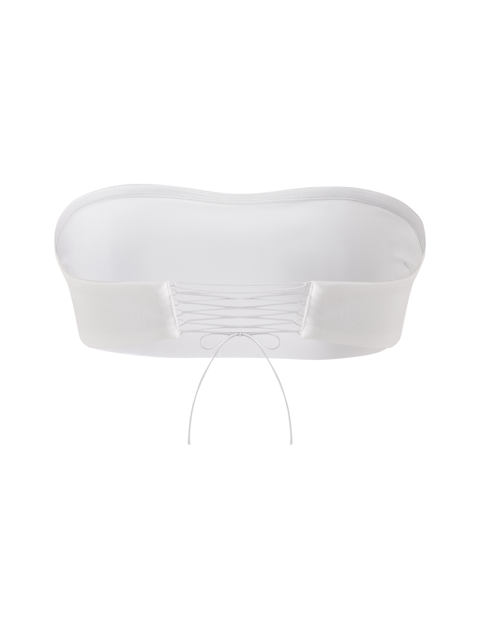 The PILAR BANDEAU - WHITE by TIGERMIST is a cropped white bandeau top with a square neckline and thin lace-up back tied in a bow, shown against a plain white background.