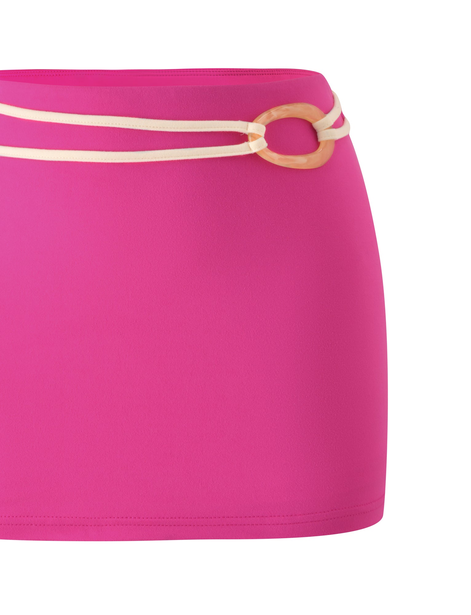 The GREER MINI SKIRT by TIGERMIST is a vibrant hot pink mini skirt accented with a beige double-string belt and a round wooden buckle, styled against a white background—ideal for transitioning effortlessly from beach to bar.