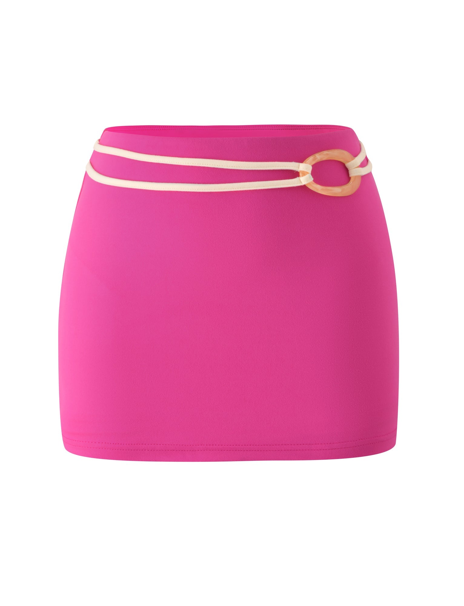 The TIGERMIST GREER MINI SKIRT in hot pink features a beige double strap detail with a circular buckle at the waist, making it perfect for transitioning from beach to bar, and is displayed on a white background.
