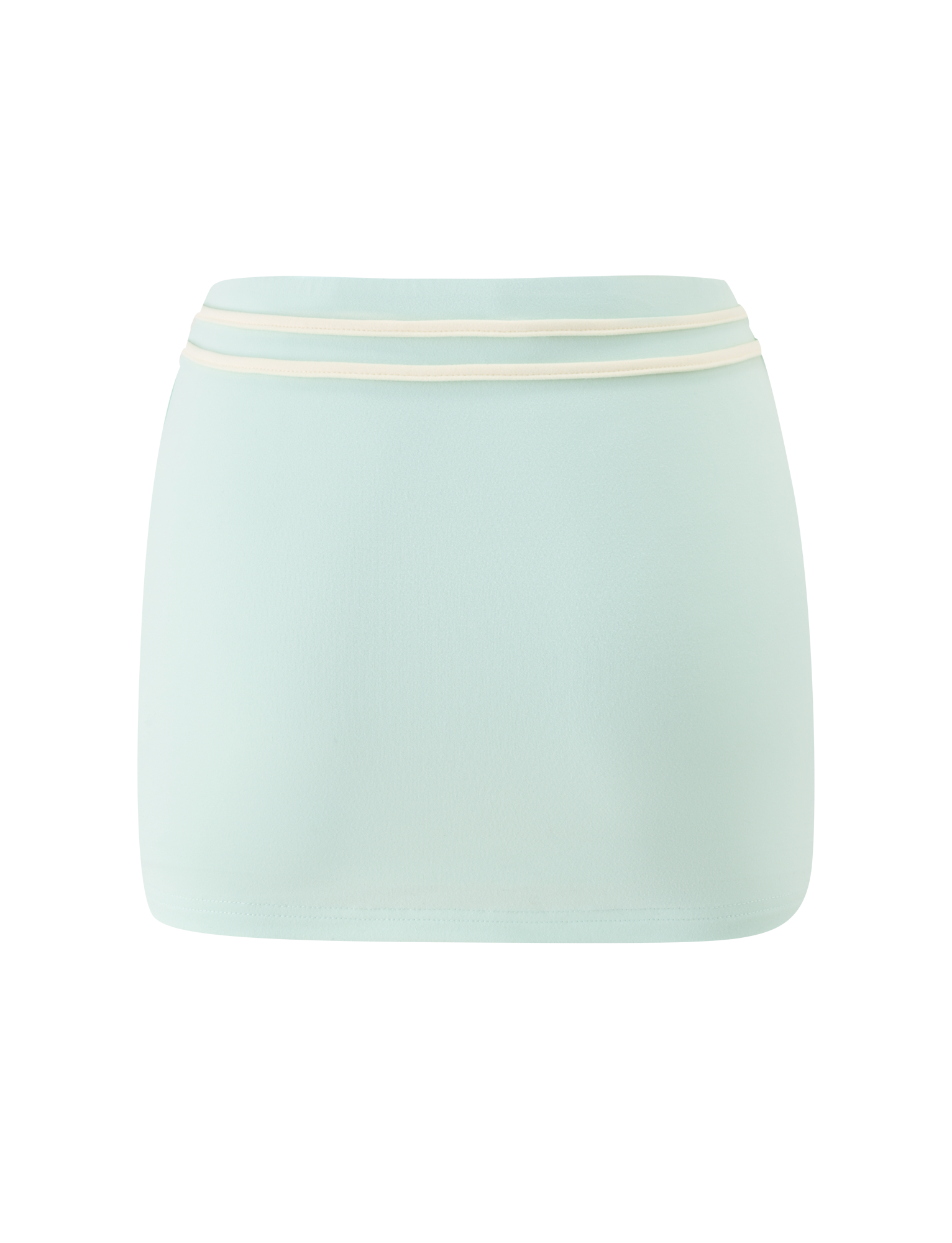 The TIGERMIST GREER MINI SKIRT in mint green features a fitted silhouette, pull-on style, and a white double stripe along the waistband, shown on a plain white background.