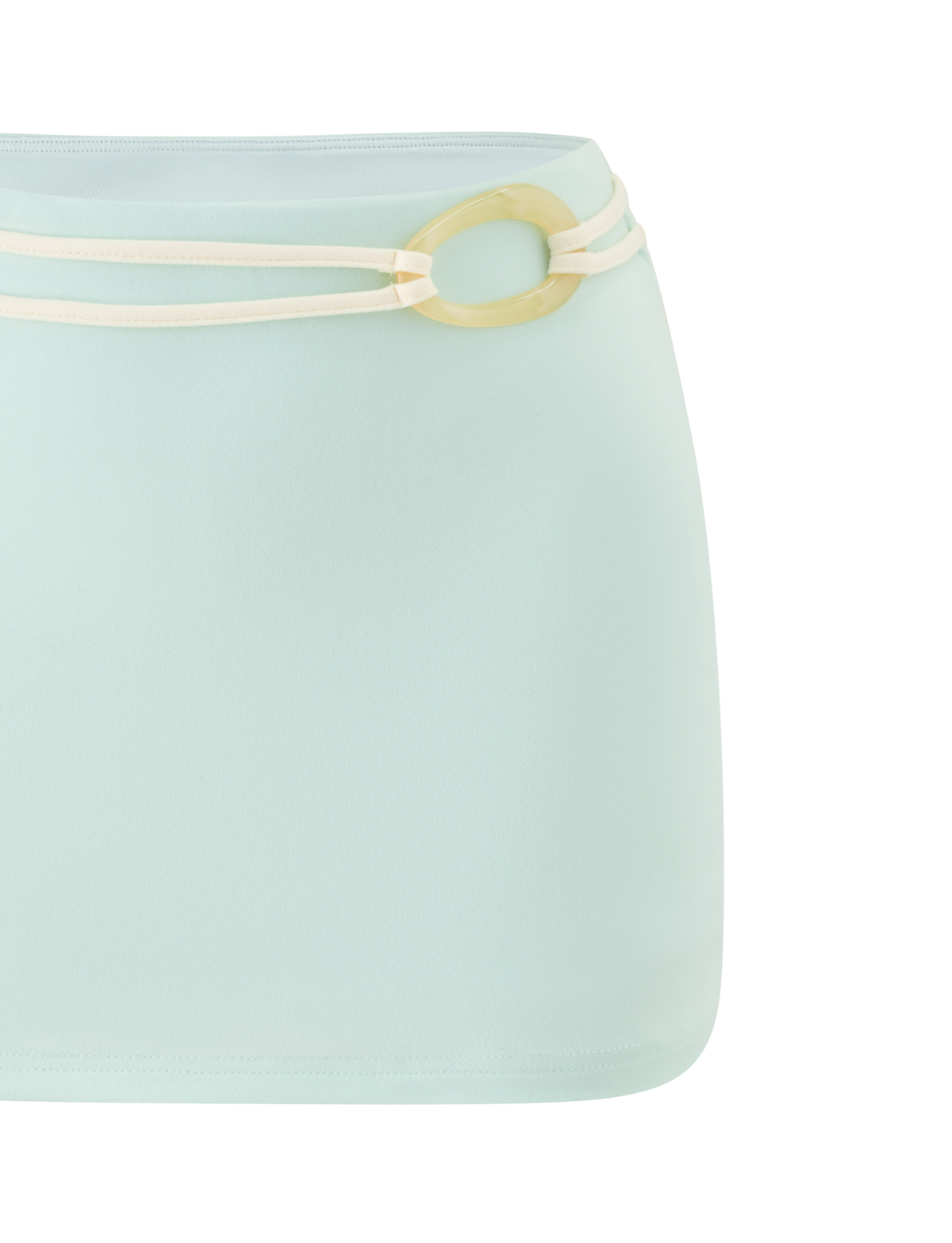 The TIGERMIST GREER MINI SKIRT in mint green features a fitted silhouette with a cream double belt and large oval buckle, crafted from smooth fabric and shown against a white background.