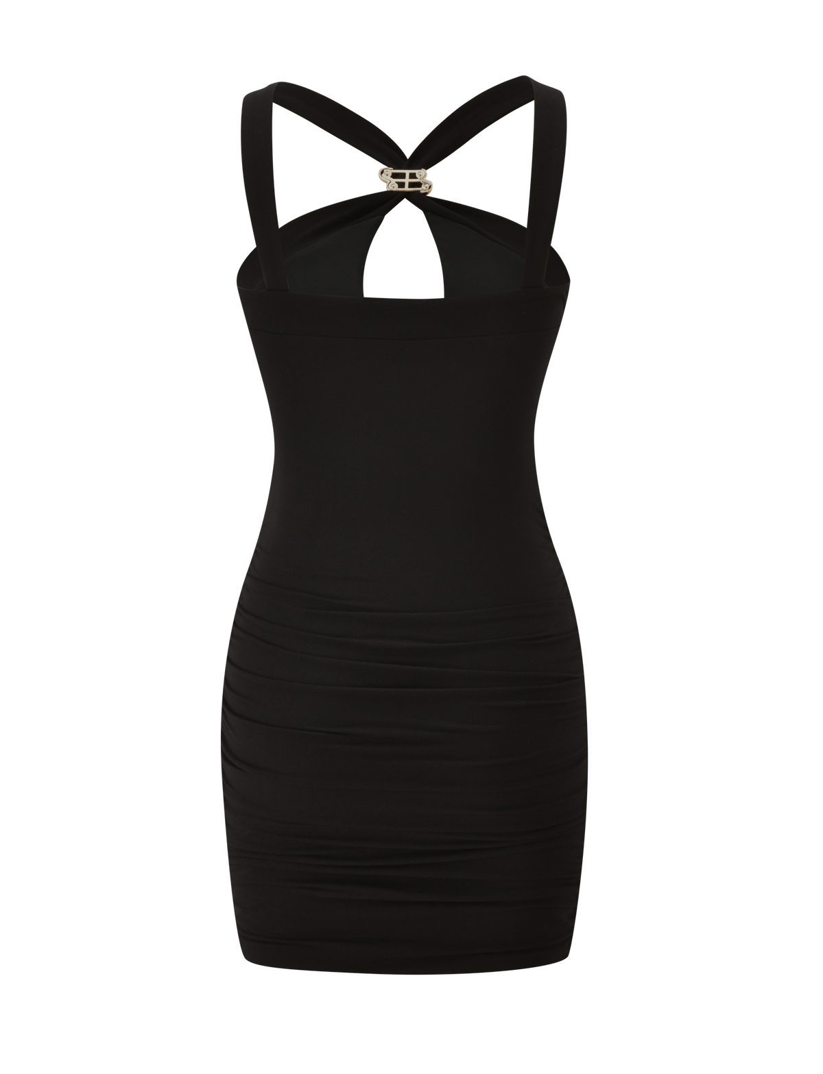 The FINCH MINI DRESS - BLACK by TIGERMIST is a chic fitted mini dress with ruched sides, wide cross-back straps, and a metallic detail—perfect for date night with its sleek, modern silhouette.