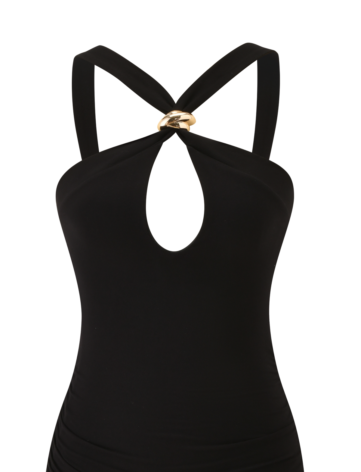 The FINCH MINI DRESS by TIGERMIST is a black mini dress with thick chest-crossing straps, a gold ring detail, and a teardrop cutout—an ideal chic pick for your next date night.