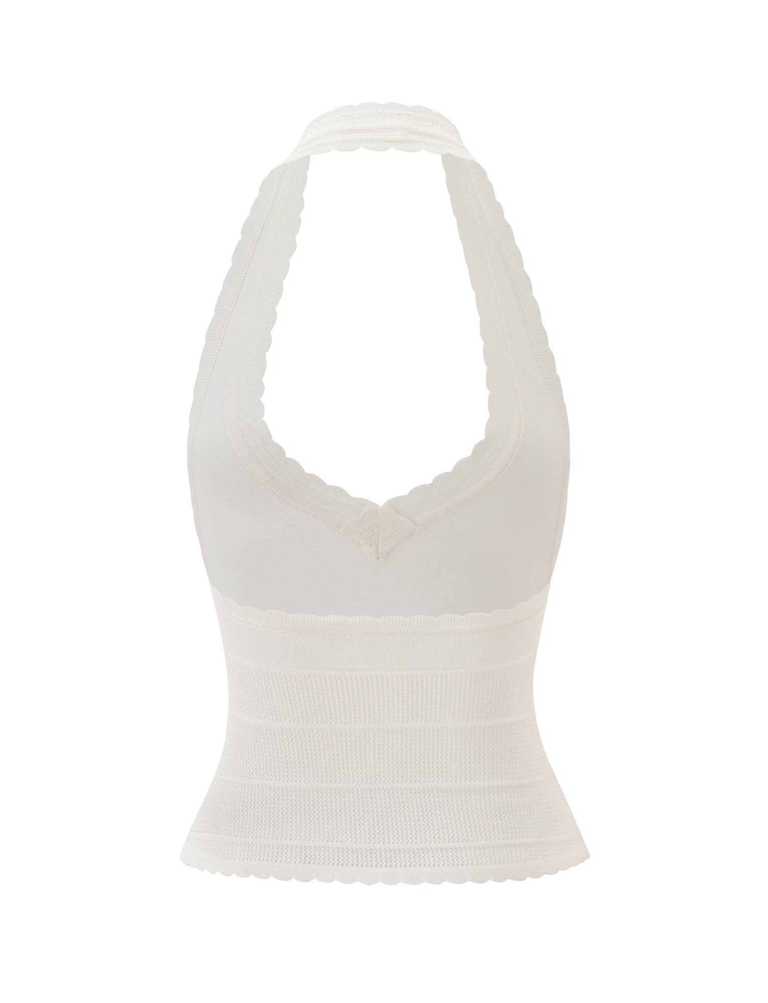 The DENI HALTER - CREAM by TIGERMIST is a white knit halter top, featuring a plunging V neckline, scalloped edging, and a fitted ribbed texture on the lower half, shown against a plain white background.