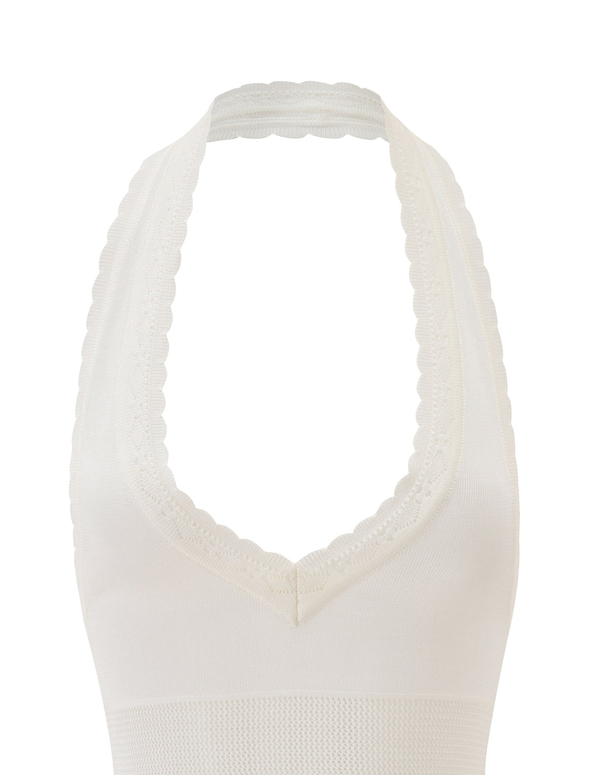 A close-up of the DENI HALTER - CREAM by TIGERMIST, featuring a ribbed knit texture, scalloped trim, and plunging V neckline, displayed on a plain white background.