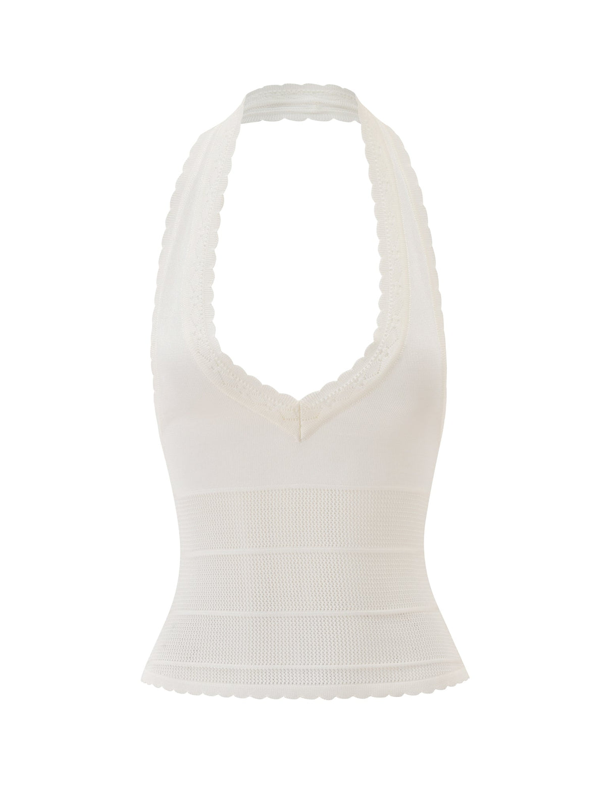 The DENI HALTER - CREAM by TIGERMIST is a cream knit halter top with a plunging V neckline, scalloped trim along the edges, and ribbed detailing on the fitted bodice.