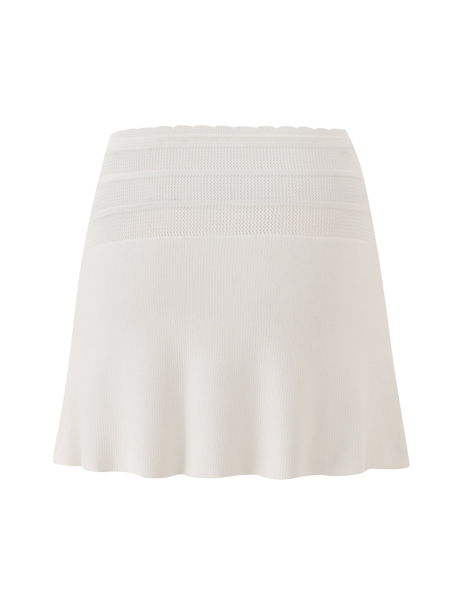 The DENI MINI SKIRT - CREAM by TIGERMIST features a high-waisted, A-line silhouette with horizontal textured stripes near the waistband. Displayed against a plain white background, this versatile summer skirt is crafted in a cream knit fabric.