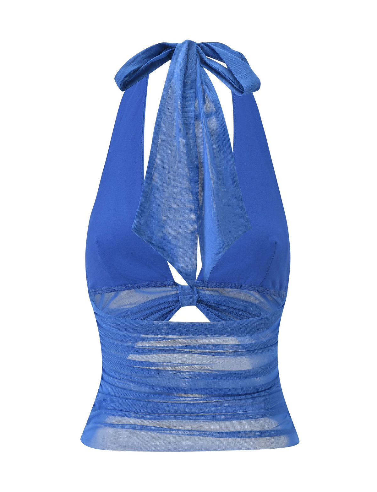 The CLEA HALTER - COBALT by TIGERMIST is a striking cobalt blue mesh halter top with a sheer midsection, a tie at the neck, and a small front cutout below the bust—perfect for making a statement this holiday season.