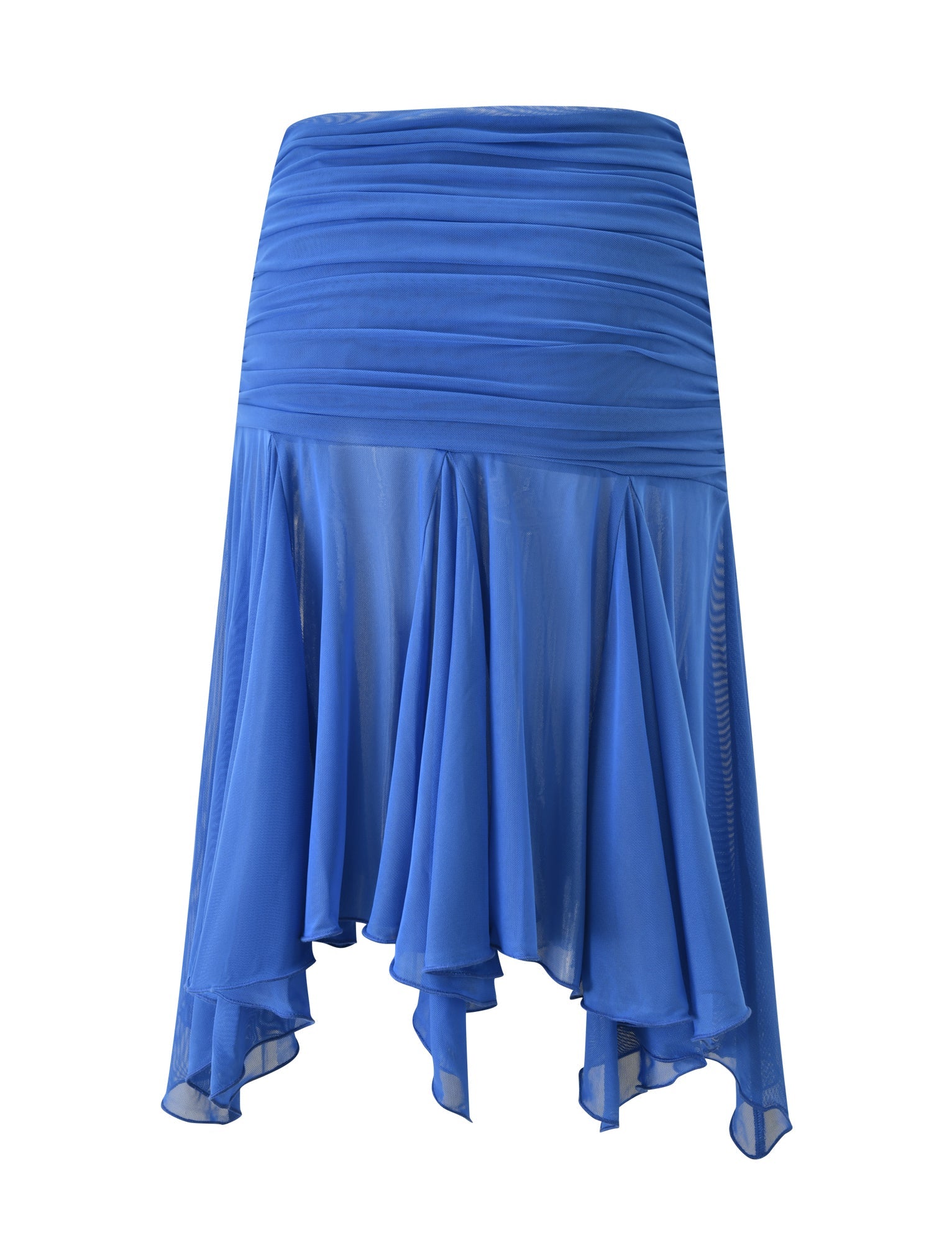 The CLEA MIDI SKIRT - COBALT by TIGERMIST is a knee-length, cobalt blue skirt with an asymmetrical hem, featuring a ruched waistband and sheer, flowy fabric with elegantly draped panels.