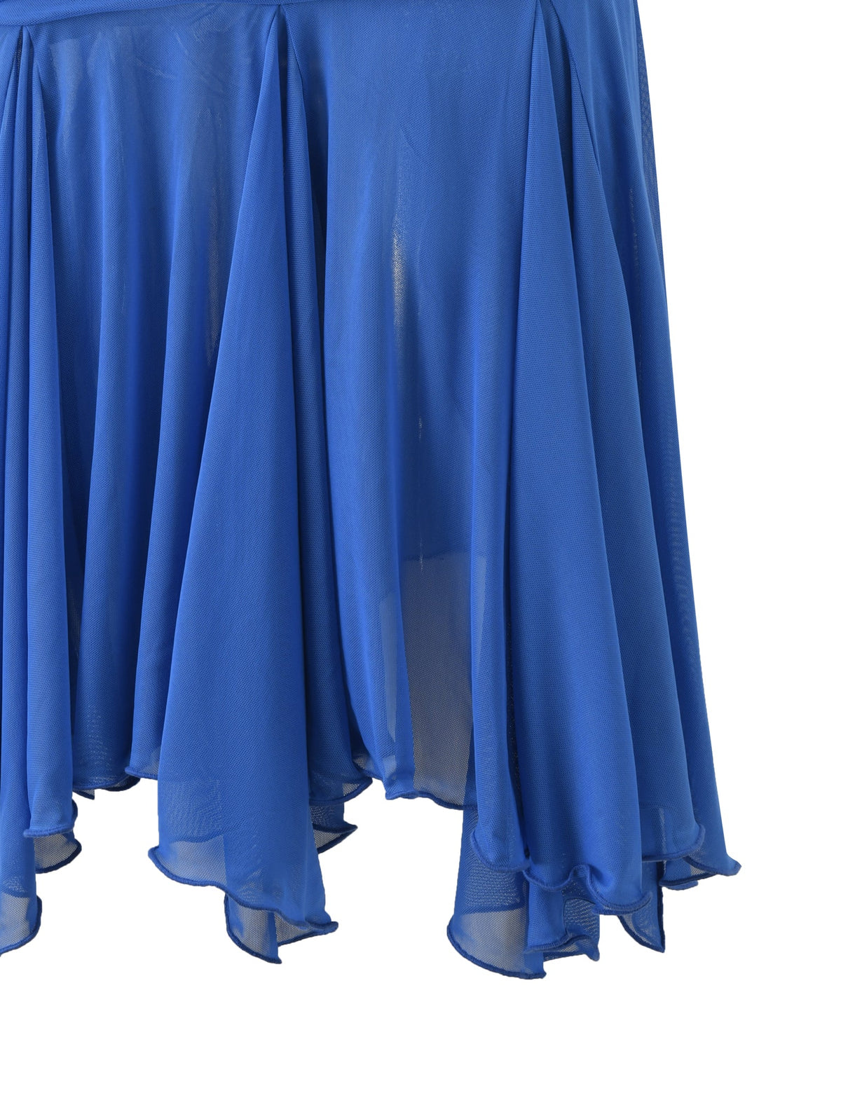 A close-up of the TIGERMIST CLEA MIDI SKIRT in cobalt, featuring lightweight, sheer fabric with draped, layered panels and wavy, asymmetrical hems.