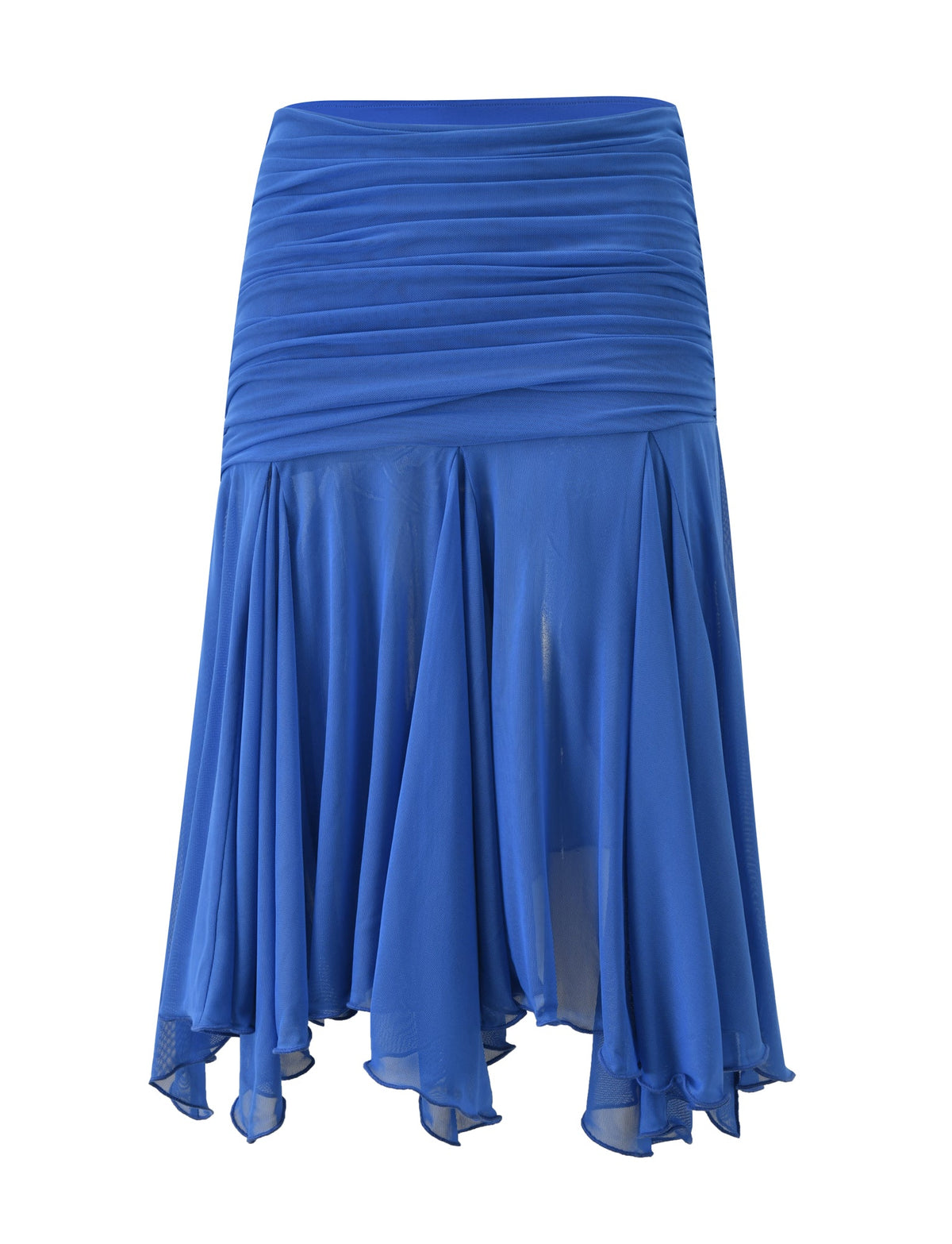 The CLEA MIDI SKIRT - COBALT by TIGERMIST is a cobalt blue midi skirt crafted from lightweight, semi-sheer chiffon mesh. It features a ruched waistband and a flowy, asymmetrical hem, giving it an elegant and airy appearance.