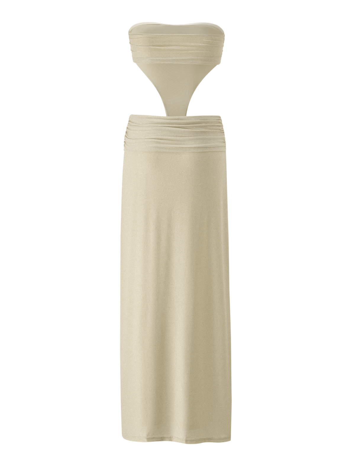 The TIGERMIST KYNLEE 2.0 MAXI DRESS in gold is a strapless two-piece set with a bandeau top featuring a subtle sweetheart neckline and a high-waisted, ruched maxi skirt, crafted from soft, lightweight fabric for effortless elegance.