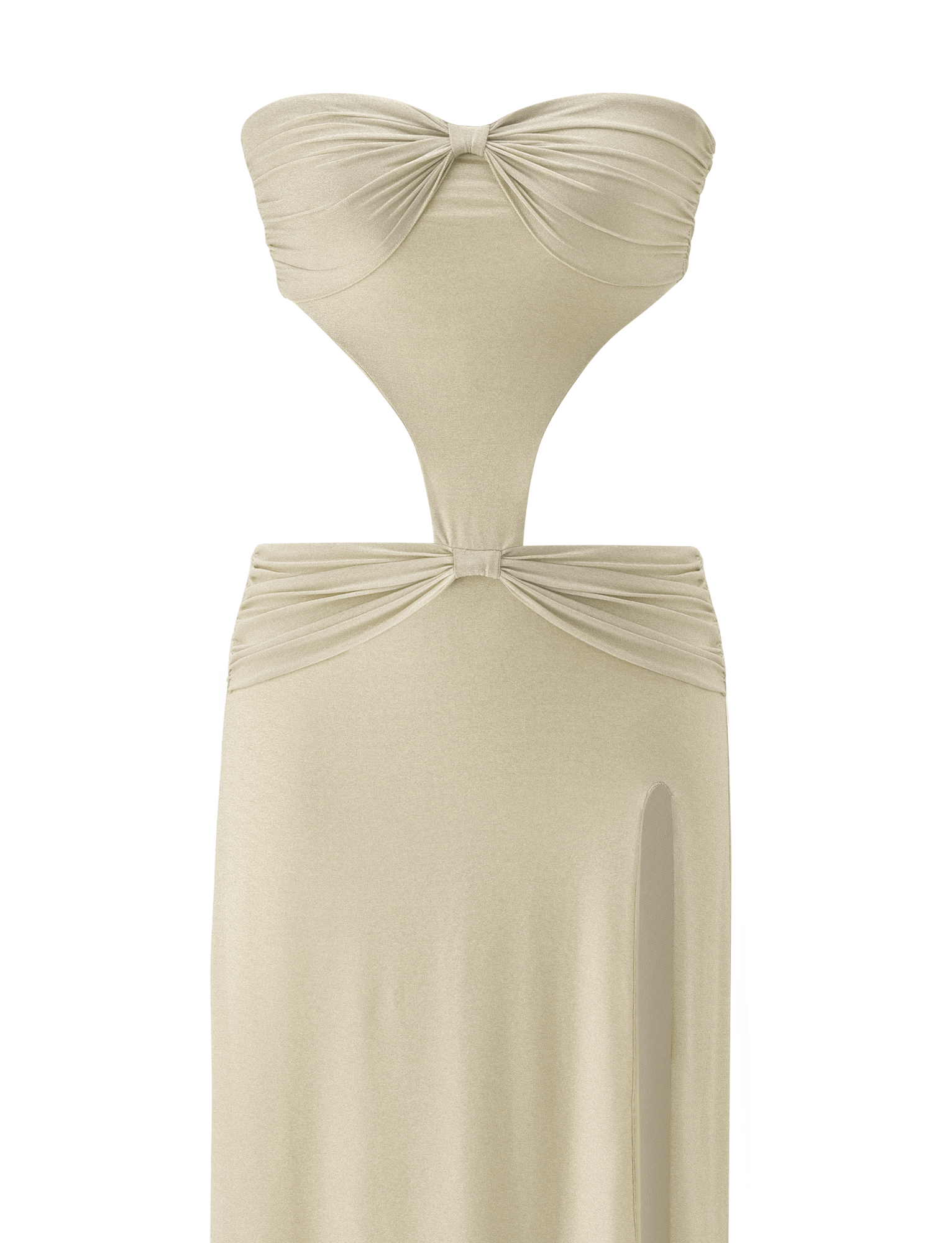 The KYNLEE 2.0 Maxi Dress by TIGERMIST is a strapless gold dress with a sweetheart neckline, gathered bust and waist, a cut-out midsection, and a high side slit.