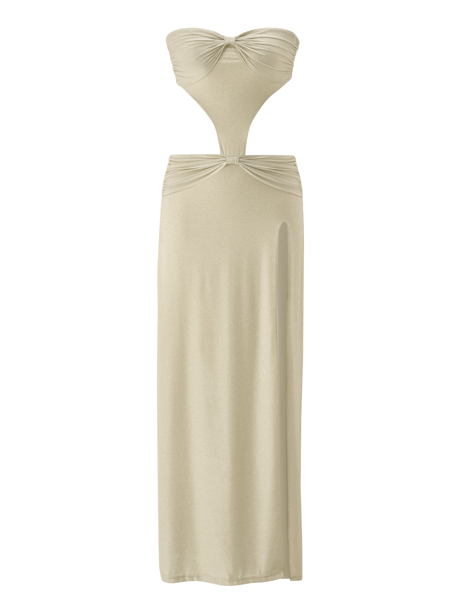 The TIGERMIST KYNLEE 2.0 MAXI DRESS in gold is strapless with a ruched bust, sweetheart neckline, cut-out midsection, gathered waist, and a thigh-high side slit.