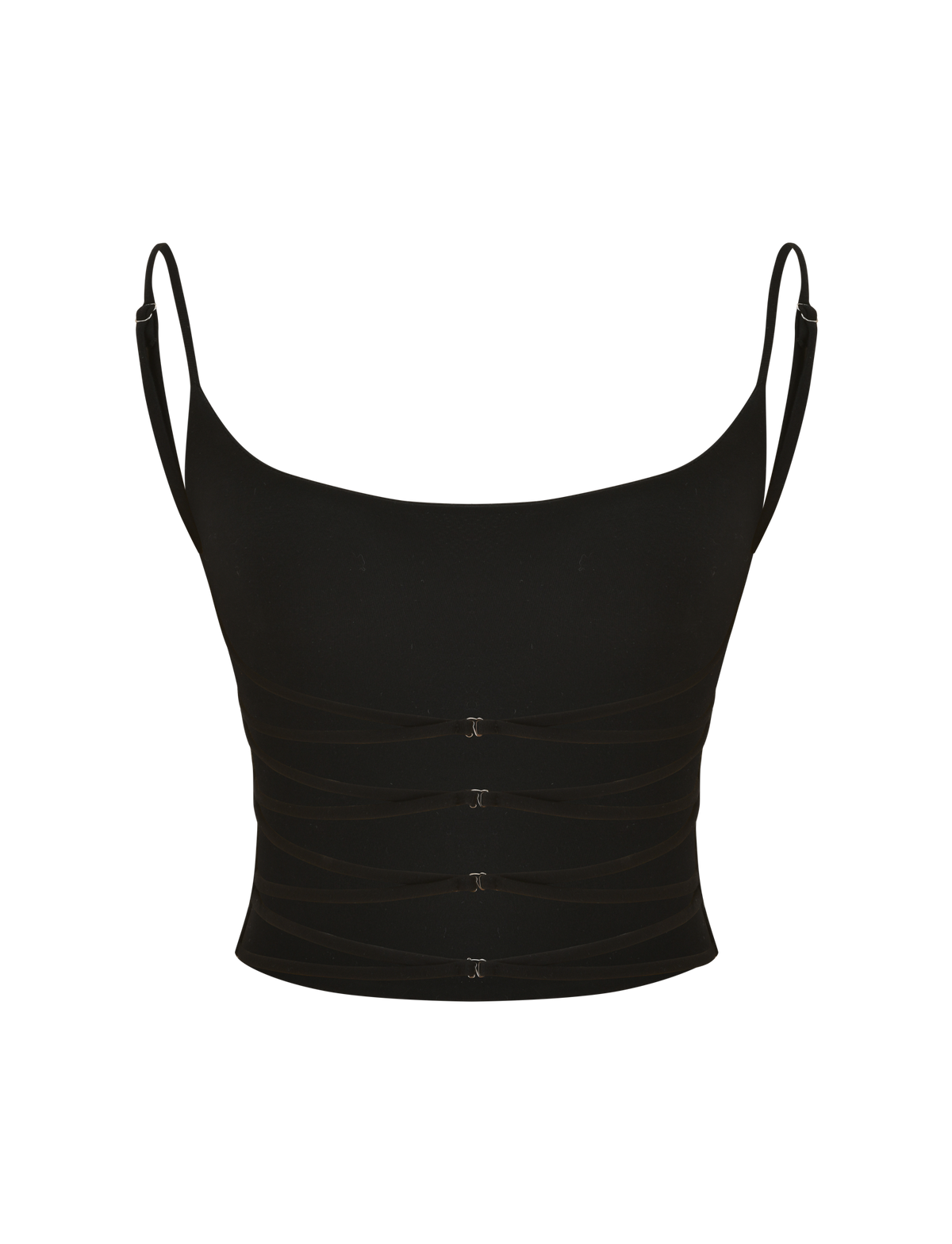 The MINERVA TOP - BLACK by TIGERMIST is a black singlet with a scoop neckline, adjustable spaghetti straps, and four front cut-out bands with silver clasps.