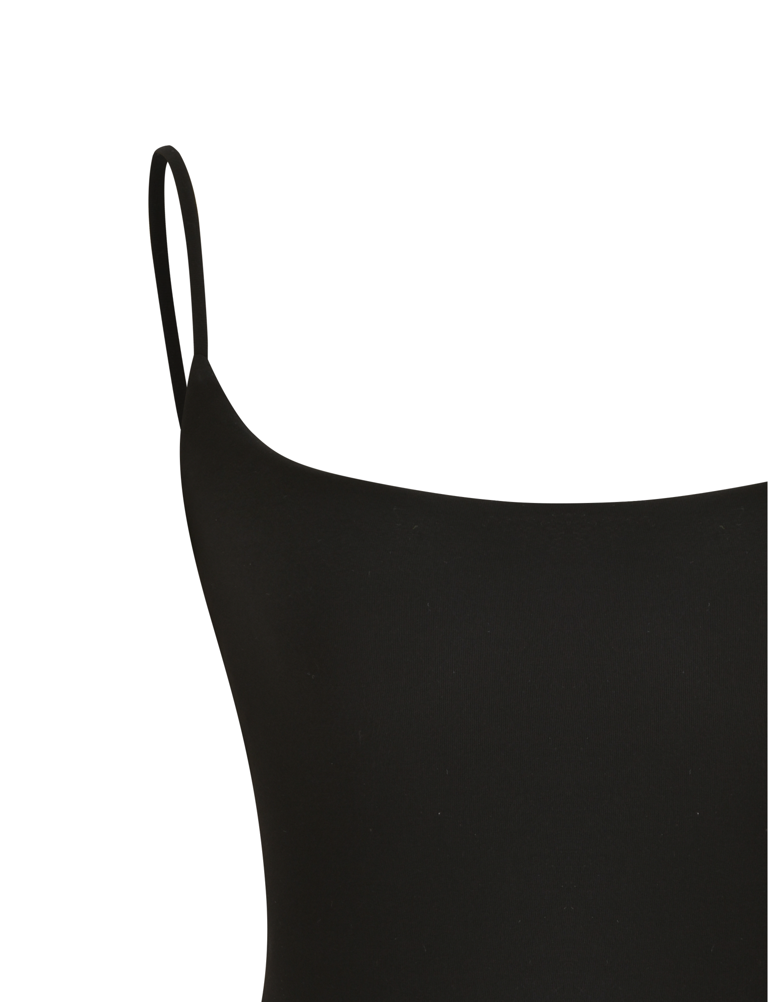 Close-up of the TIGERMIST MINERVA TOP in black, featuring adjustable spaghetti straps. The smooth, form-fitting fabric is displayed against a plain white background.