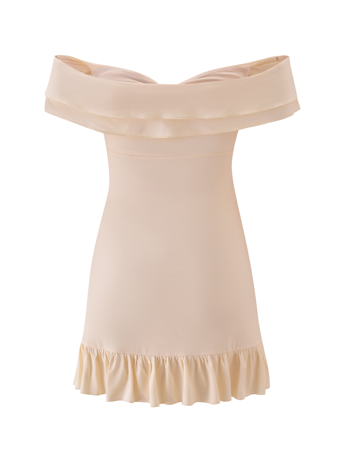 The TIGERMIST DENALI MINI DRESS 2.0 in cream is an off-the-shoulder dress with a wide fold-over neckline, fitted bodice, and a short ruffled hem.