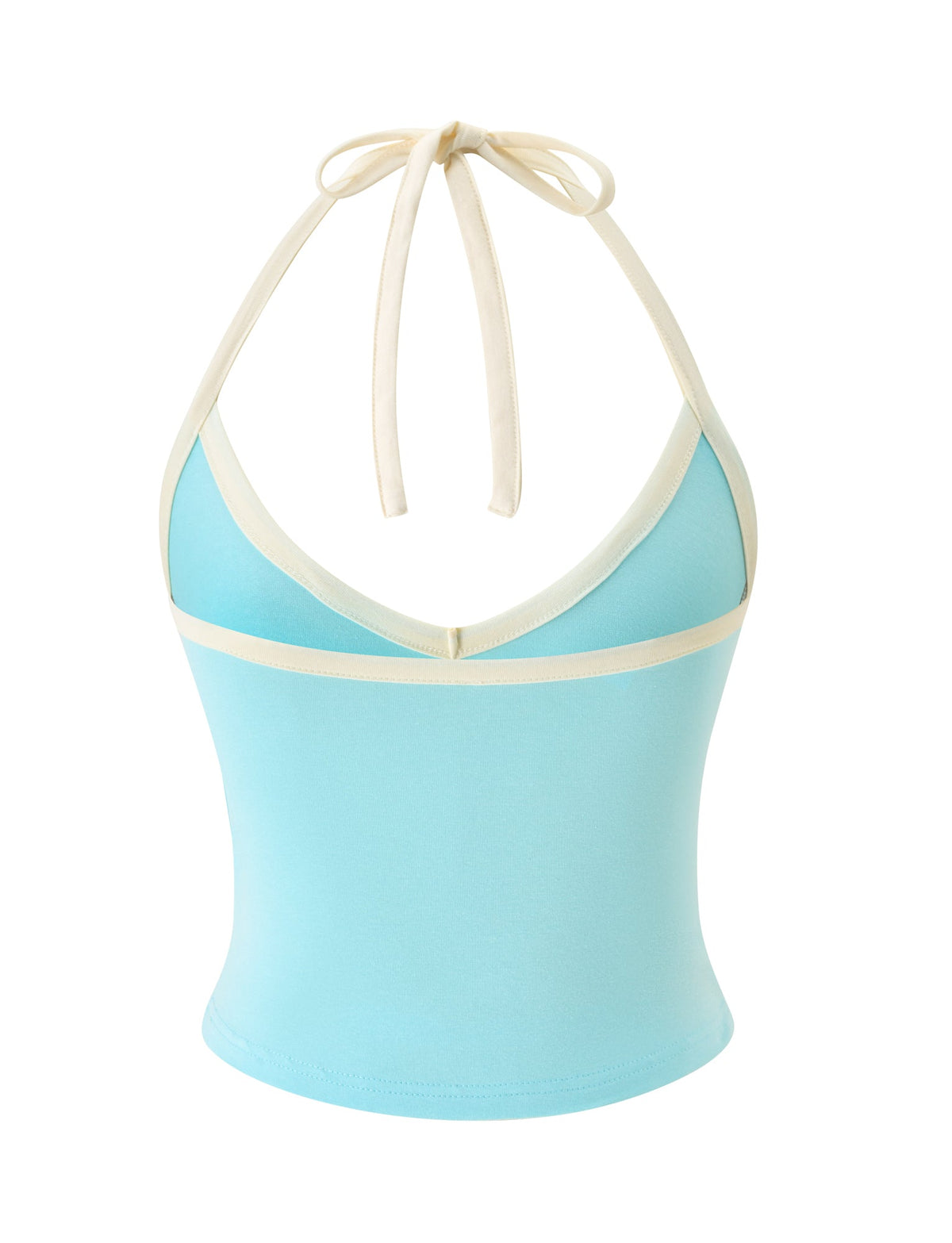 The ALYSIA TOP – AQUA by TIGERMIST is a fitted women’s jersey halter top in light aqua blue, accented with cream trim. It features a cropped, minimalist design with a V-neckline and thin straps that tie behind the neck, making it an effortlessly stylish choice for any casual look.