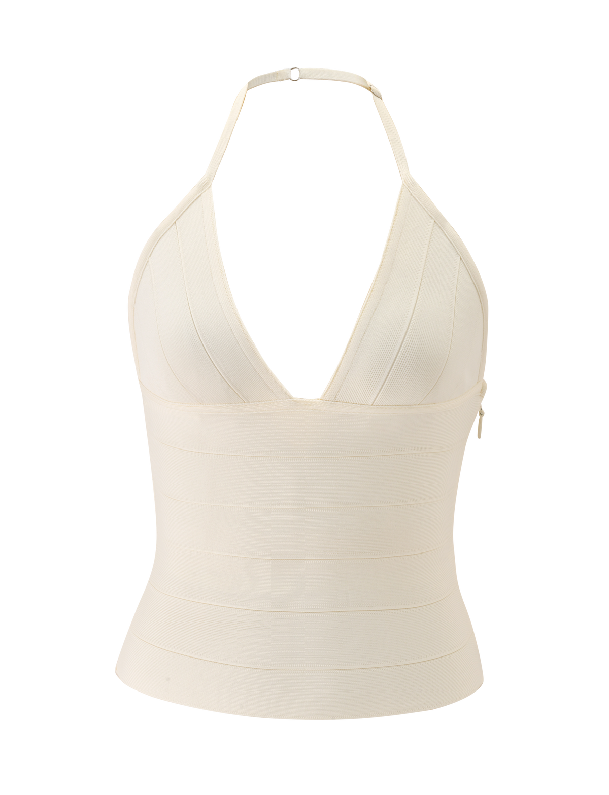 The NYX BANDAGE TOP by TIGERMIST is a cream, sleeveless halter neck with a deep V-neckline, sculpted fit, and structured banded fabric, shown on a plain white background.
