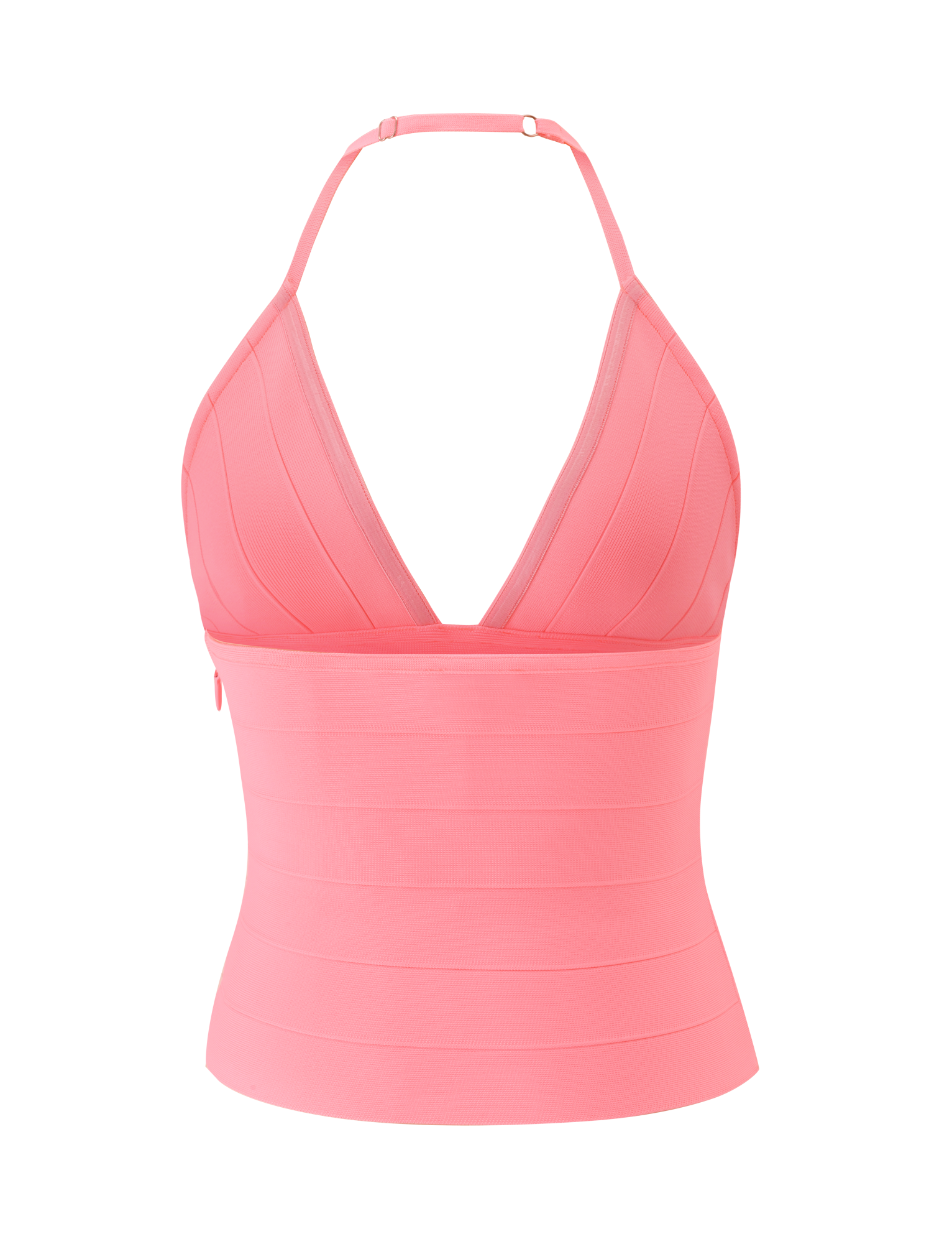 The NYX BANDAGE TOP by TIGERMIST is a sleeveless, neon guava pink halter top with a deep V-neck and fitted bandage-style fabric, shown on a plain white background.
