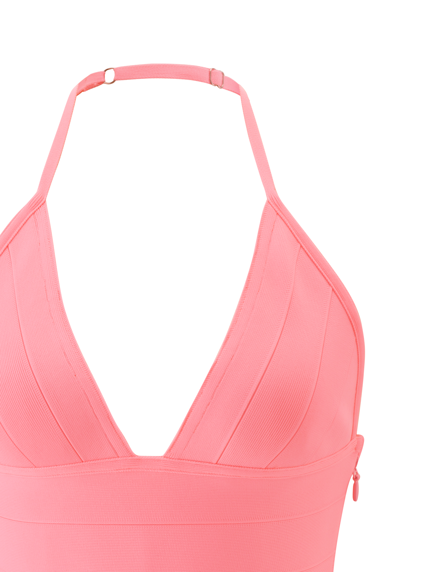 Close-up of the TIGERMIST NYX BANDAGE TOP in neon guava, featuring a halter neck, V-neckline, and textured structured fabric, displayed against a plain white background.