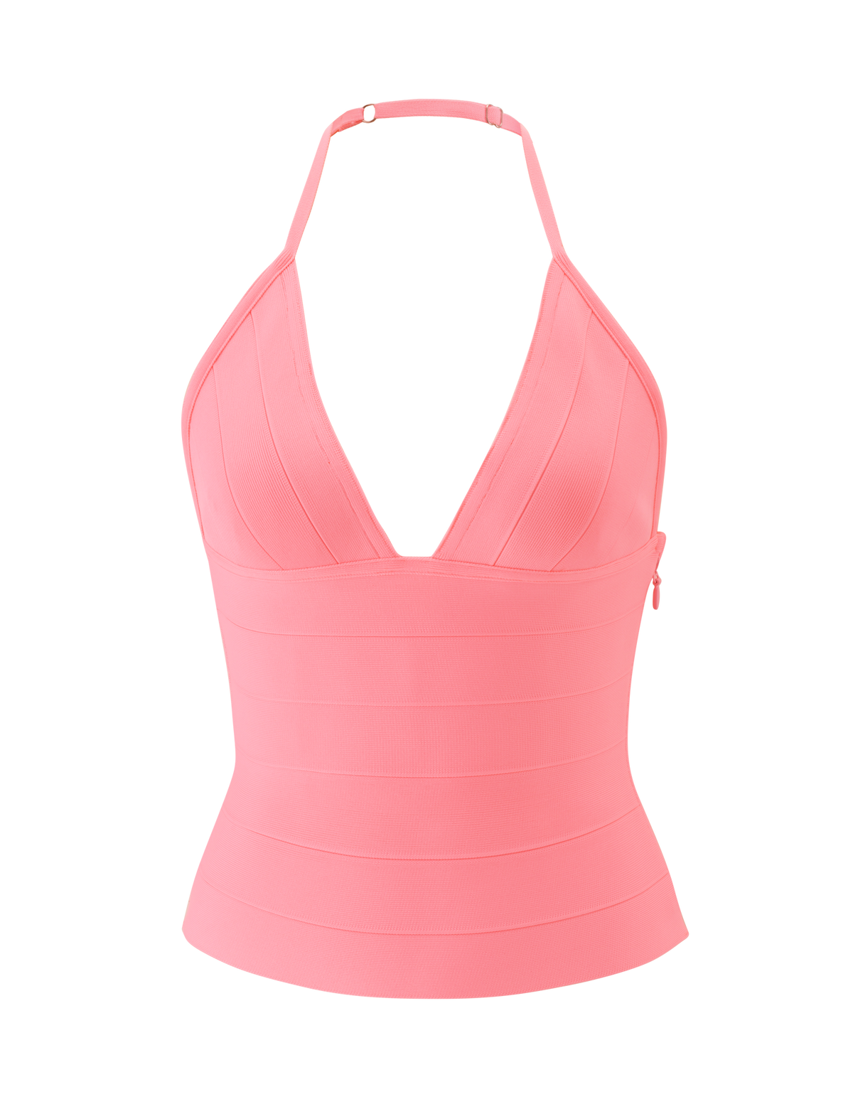 The TIGERMIST NYX BANDAGE TOP in Neon Guava is a sleeveless, halter neck style with a deep V neckline, fitted banded design, side zipper, and a smooth, structured finish.