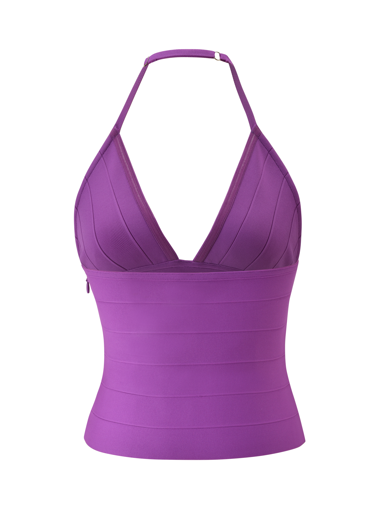 The TIGERMIST NYX BANDAGE TOP - ULTRA VIOLET is a sleeveless, fitted purple halter neck piece with a deep V-neckline and paneled details, shown against a plain white background.