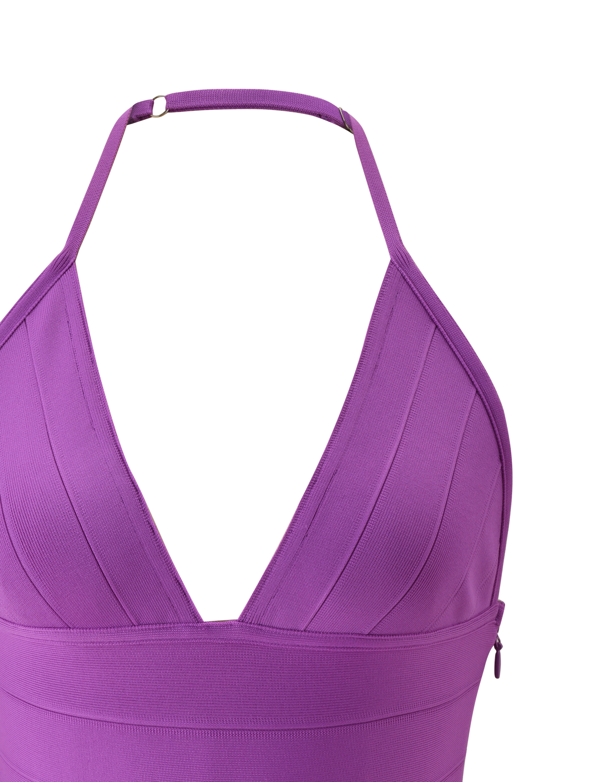 Close-up of the NYX BANDAGE TOP - ULTRA VIOLET by TIGERMIST, a sleeveless purple halter neck top with wide straps, deep V-neckline, and seam detailing, shown against a plain white background.
