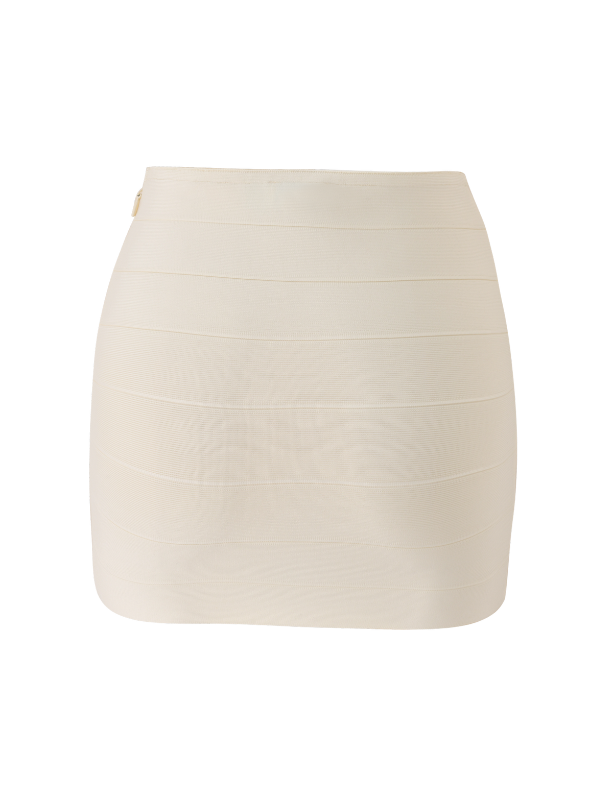The TIGERMIST NYX BANDAGE MINI SKIRT in cream is a high-waisted, body-hugging mini skirt featuring subtle horizontal seams. Shown against a white background, it offers a sleek, off-white silhouette.